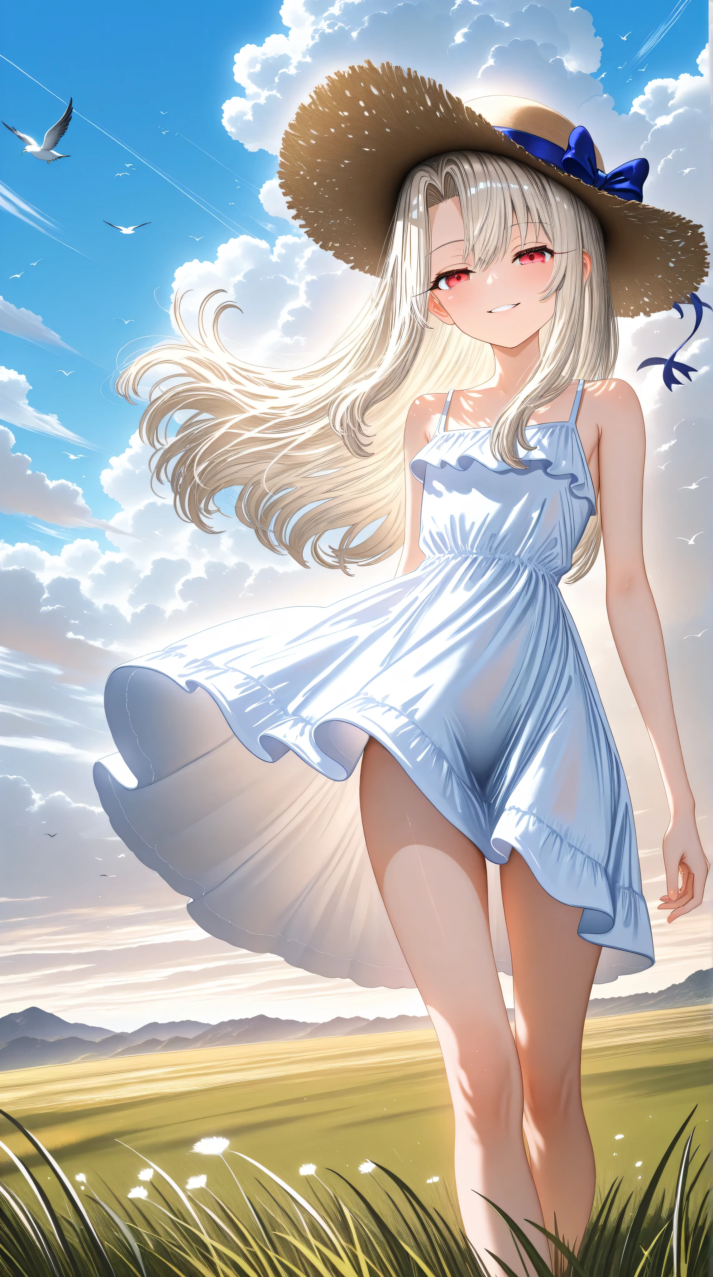 1girl,illyasviel von einzbern,,seductive smile,red eyes,half closed eyes,bare foot,white hair,straw hat,white dress,wind,cowboy shot,(close-up:1.3),dynamic pose, day,blue_sky,bird,grass,cloudy_sky,scenery,cumulonimbus_cloud, minimalistic,,8k wallpaper,soft pastel,hdr,low contrast,masterpiece,best quality,absurdres,highres,perfect anatomy,anime style,anime screenshot,ultra high quality,extremely detailed cg,perfect lighting,(sharp image), (artist:loika:0.5),(artist:xiaoshou xiansheng:0.8),artist:rin31153336,artist:gawako