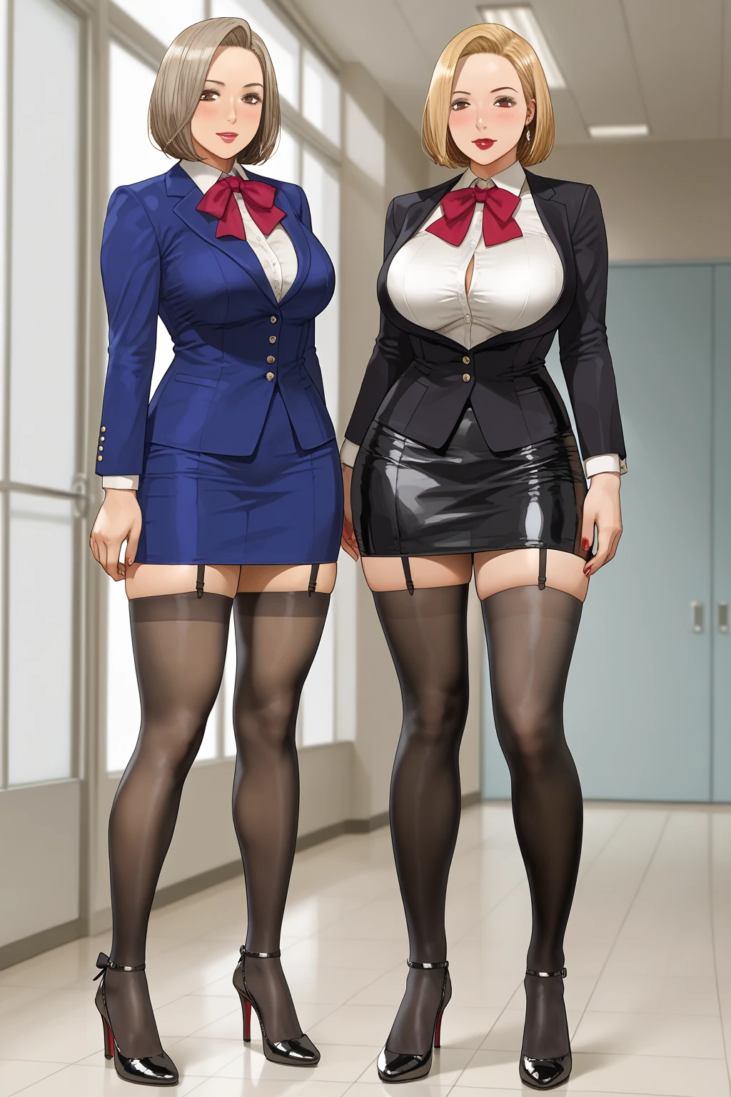 (There are two:1.8)、((2Sisters of Man))、8k,high resolution,Japanese women,(There are two:1.8)、((2Sisters of Man))、(15 year old sexy girl in black stockings and 24 year old big breasted girl milked), Black Stockings must be worn、 (masterpiece:1.4), (8k, Realistic, highest quality: 1.8), Beautiful Face, (Realistic face), (Blonde short cut:1.3), realistic eyes, Very beautiful eyes, Ultra-high resolution, Super Realistic, Very detailed, Golden Ratio, cute, cute female teacher, High school girl in summer clothes, Surreal school girl, Navy high waist micro mini skirt, (Black Stockings)、Full body portrait, Thin arms, (Big Breasts)、(Her uniform shirt is open, expose her bra)、Narrow waist、(Gal with thick, wide thighs and muscular legs)、(Two tall high school girls with model figures:1.8)、(Standing facing this), Full body photography、(wide thighs, very long legs), High heel loafersを履いています、pleated micro mini skirt, Milk splashed on the uniform, ( black stocking )、High heel loafers, Full body portrait, Thin arms, (Big Breasts)、Black bag、 High school girl wearing JK uniform, Surreal school girl, pleated micro mini skirt, Milk splashed on the uniform、Black Stockingsにミルクぶっかけ 、High heel loafers, Full body portrait, Thin arms, Big Breasts、 wide thighs、Long legs, (A large amount of semen leaks from her crotch)