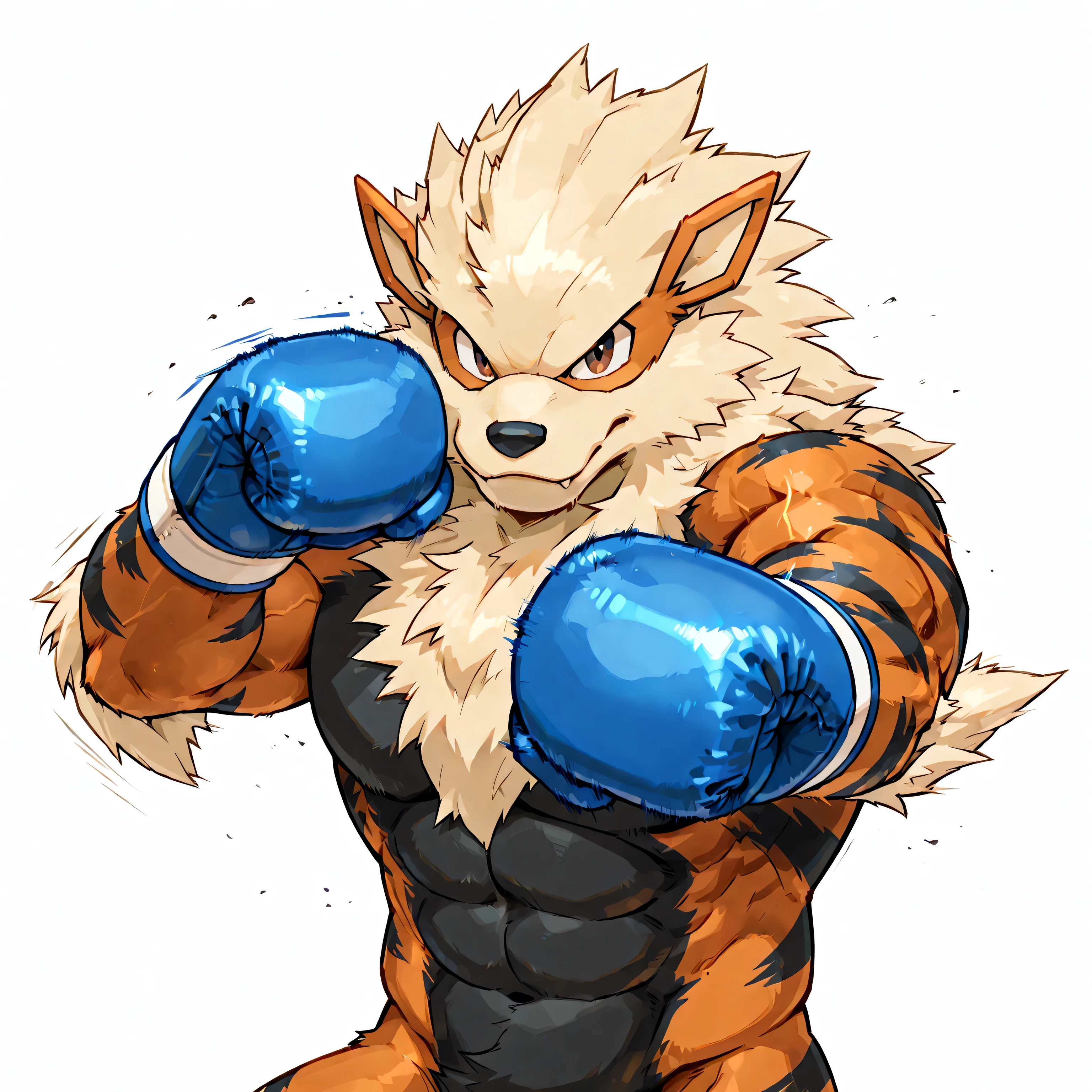 zzArcanine, arcanine, anthro, high quality, male, solo, white background, no background, pov_boxing, blue boxing gloves, punching, boxing, training, exercising, outstretched arm, thick arms, muscular,