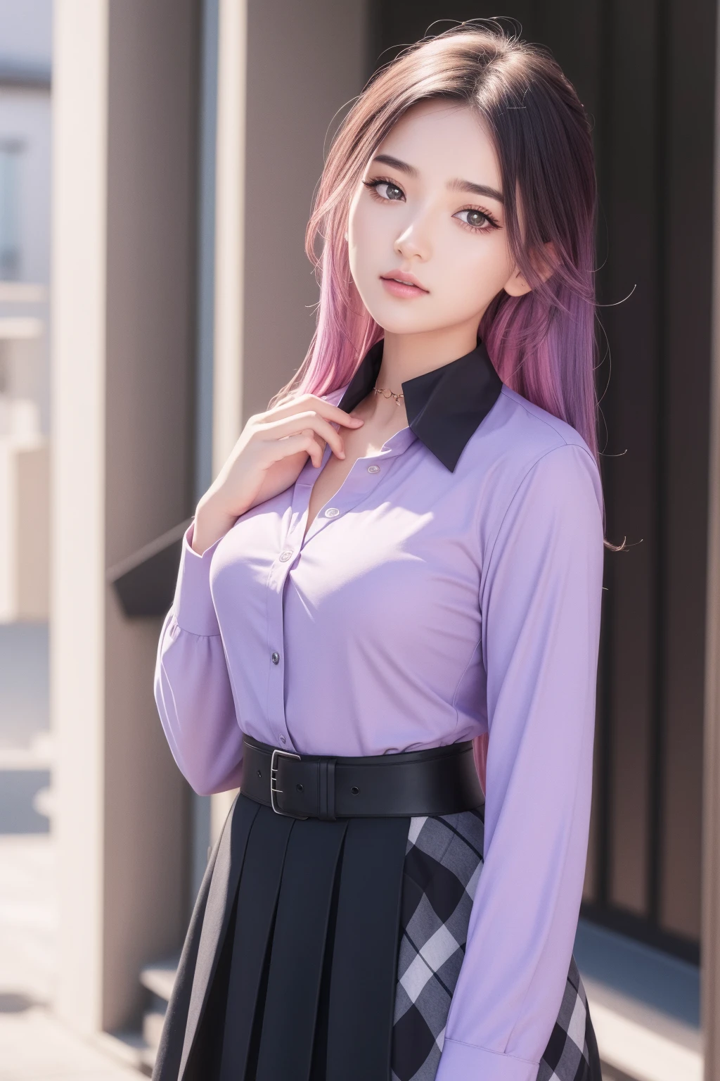 (best qualtiy,4K,tmasterpiece:1.2),Pretty women,1girll,Raised sexy:1.1,Purple colored hair:1.1,Woman in school uniform,Soaked school clothes,Super detailed face,Detailed lips,A detailed eye,二重まぶた,Pink mini skirt white stockings,Stand up