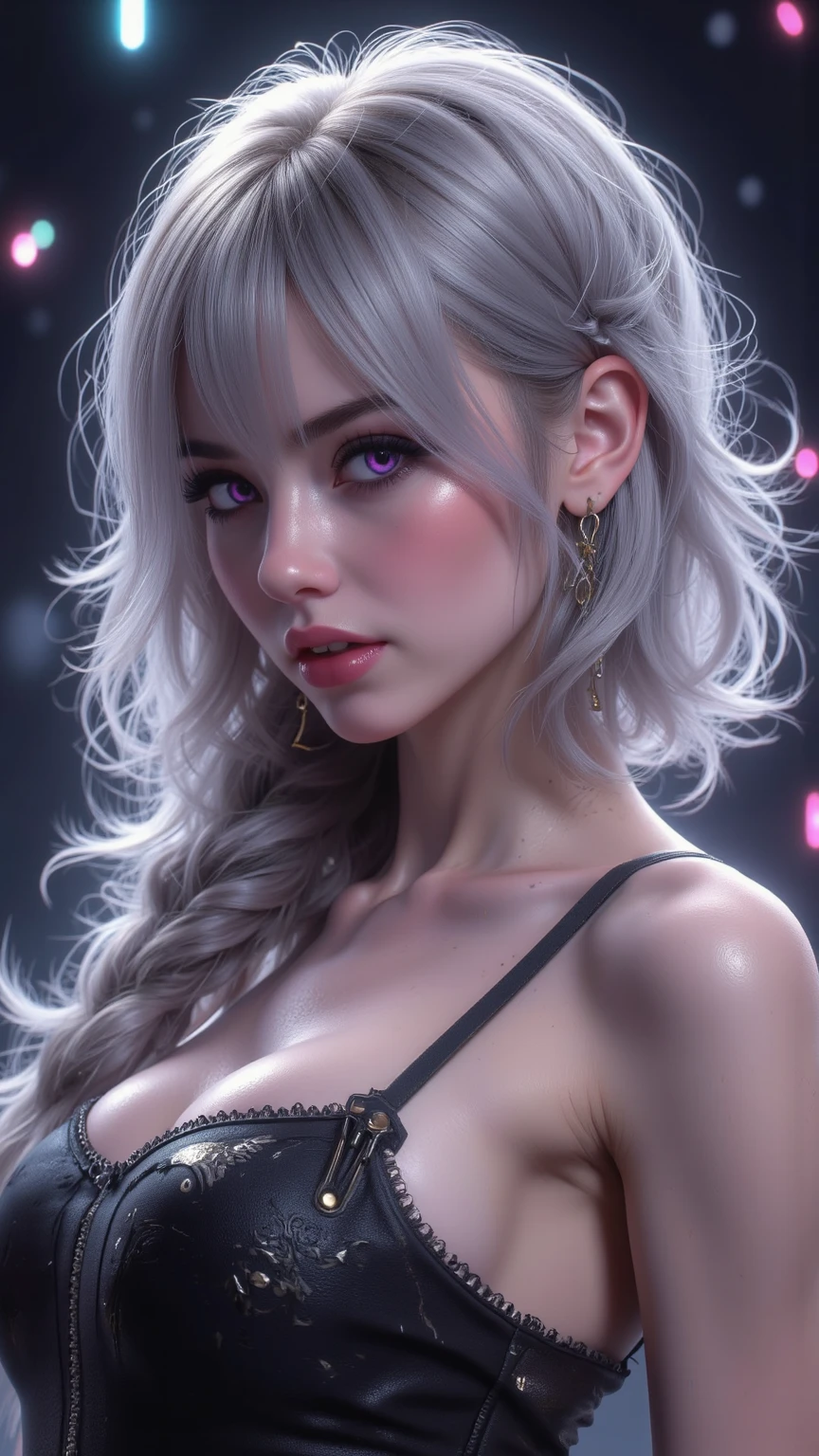 Masterpiece,HDR,fantasy, neon glowing scotlight, real shadow, high contrast, uhd, high sharpness, glowing neon detail,NVIDIA RTX, Unreal engine 5,upper body, portrait, ulzzang ((Portrait: Woman, Hairstyle: Wolf Cut:1.2 - Short front layers, Long and wild-textured back,white hair)),cute face, realistic,dim lighting,wolf grin,big eyed,wide eyed,fangs:1.4,gaping,red eyes1:2,(white wolf-fur clothing:1.4),large breast:1.2, symetric, look at viewer,front angle