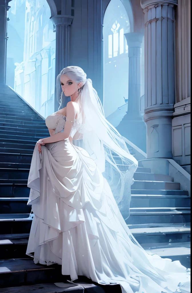 arafed image of a ghost standing in a castle with a staircase, concept art inspired by Charlie Bowater, deviantart contest winner, gothic art, style of charlie bowater, queen of the ghosts, charlie bowater art style, in style of charlie bowater, irridescent ghostly, ghostly ghost, pale young ghost girl, neoartcore and charlie bowater