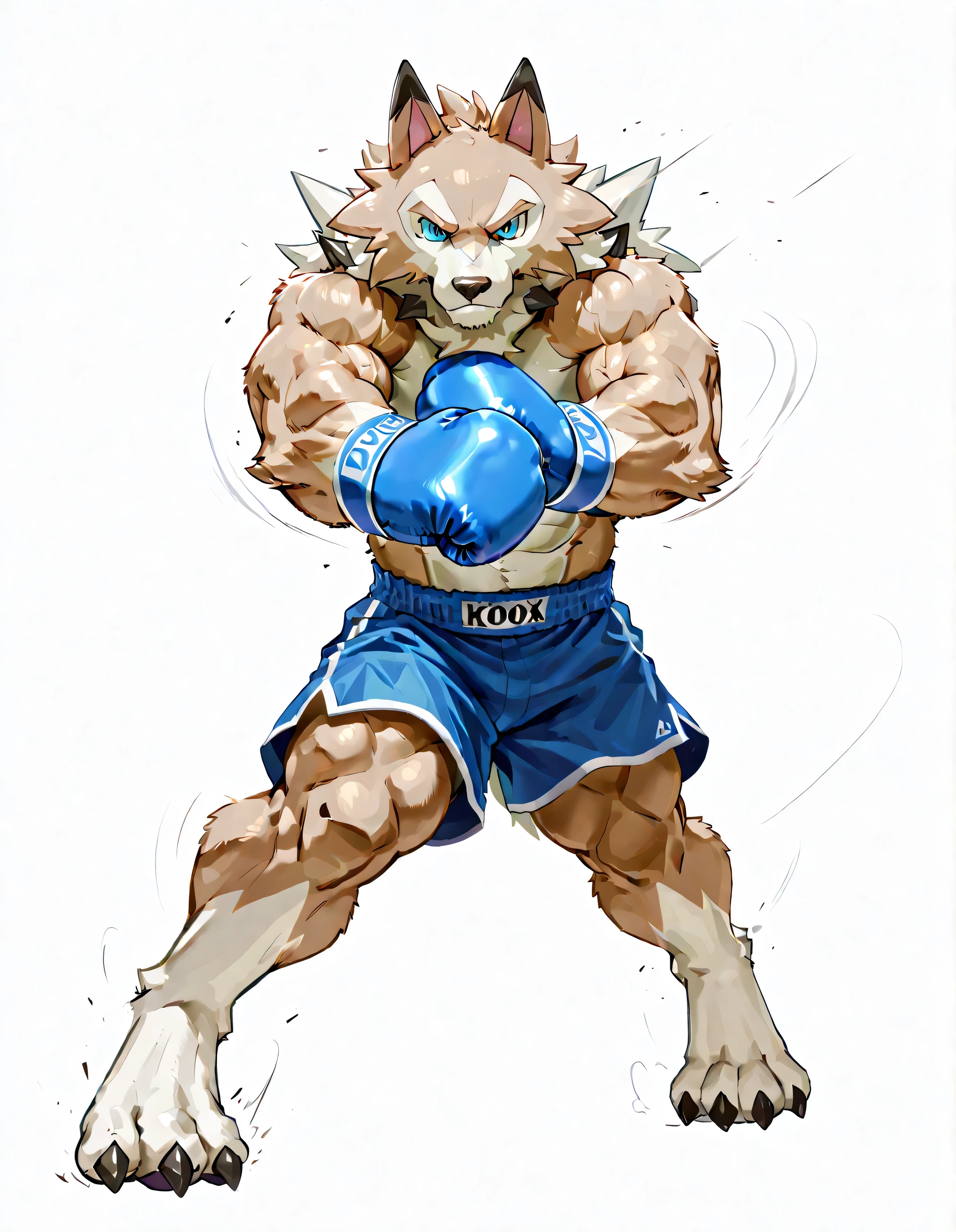 midday lycanroc, anthro, high quality, male, solo, white background, no background, pov_boxing, blue boxing gloves, punching, training, exercising, thick arms, muscular, full body, wolf feet, dynamic, fighting stance, muscular legs