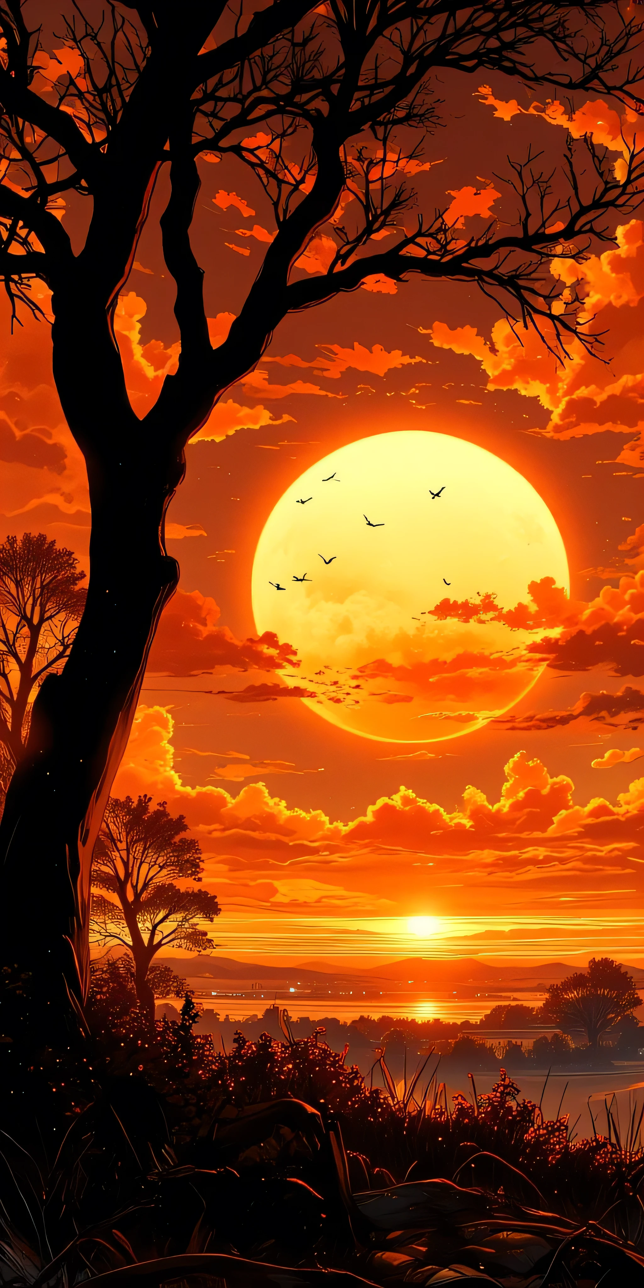 An anime-style sunset with a massive glowing sun near the horizon, casting a warm golden-orange glow across the sky. The clouds are rich shades of orange and red, creating a dramatic and breathtaking atmosphere. In the foreground, a large, leafless tree stands tall with its dark, intricate branches stretching toward the sky, silhouetted against the radiant sunset. The ground is covered in soft grass, gently swaying in the breeze, while a few birds fly in the distance, enhancing the peaceful yet striking scene.