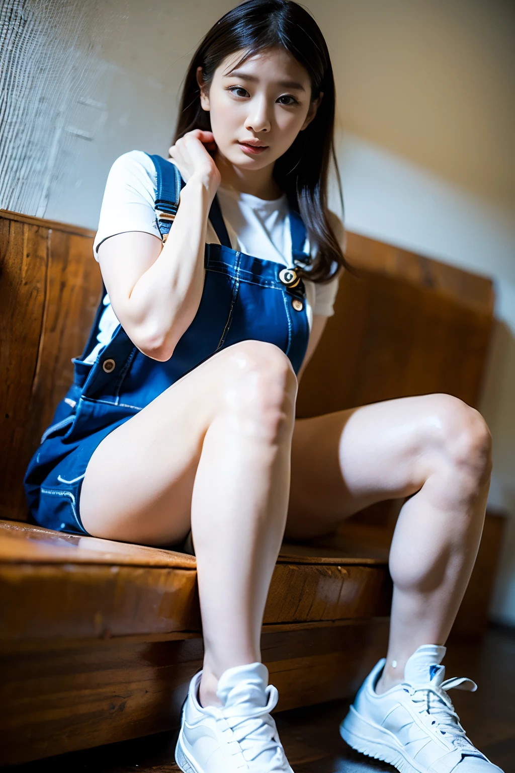 Asian woman in alafe sitting on the ground with legs crossed, pretty face with arms and legs, Korean Girl, chiho, young and cute girl, the anime girl is crouching, Round thighs, Casual pose, Young Pretty Gravure Idol, 19-year-old girl, Sitting on the ground, Engaging pose, Young Gravure Idol, a cute young girl、white color panties、pantie shot,A slight smil、high-heels、