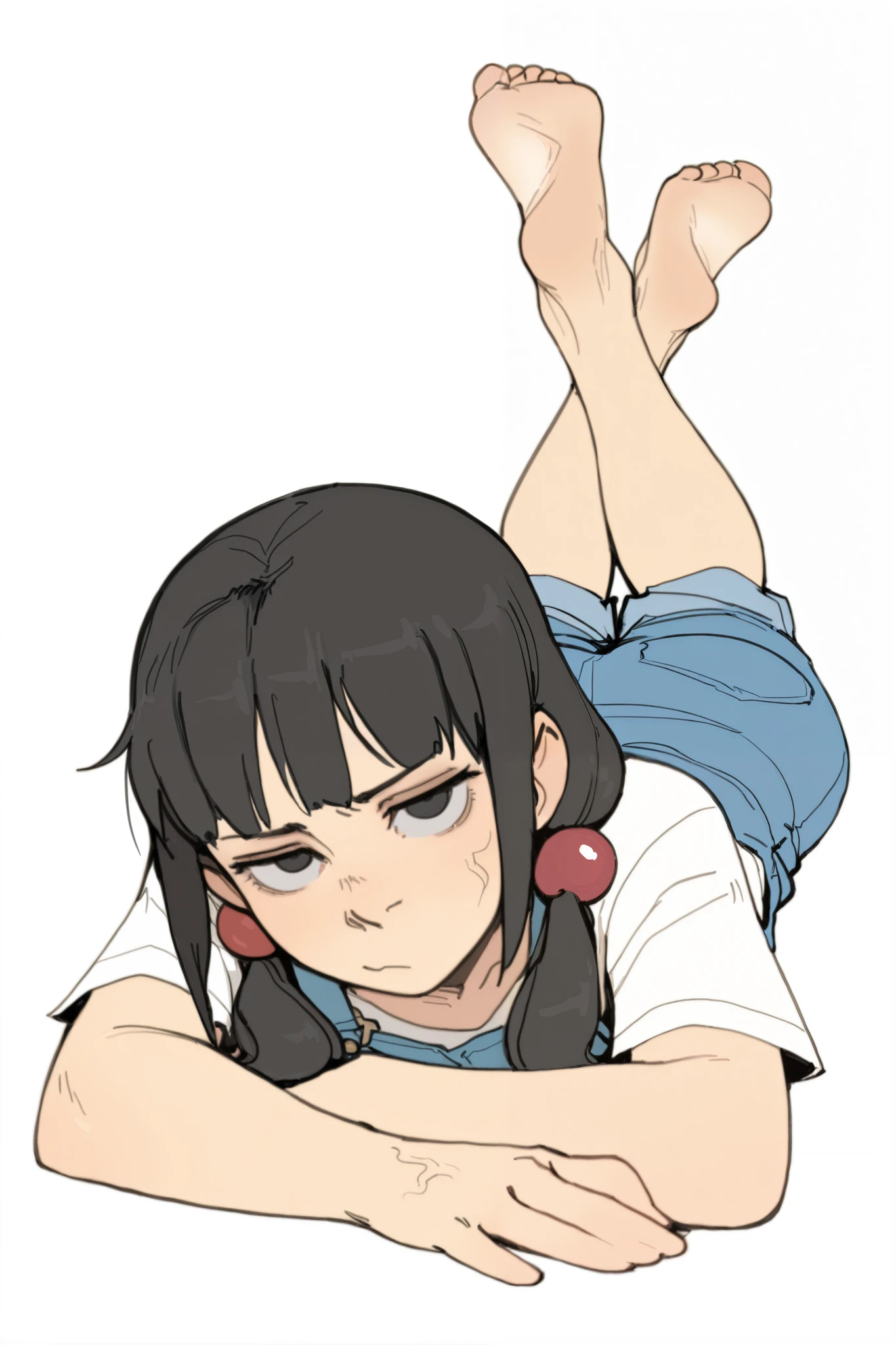 HDR, 8K, high contrast, masterpiece, best quality, amazing quality, very aesthetic, anime artstyle, realistic, hentai art, newest, (artist:incase:0.5), (artist:tsuaii:0.5) , photo background, real world location
BREAK
bounce light, hyperdetailed, veins, detailed hair strands, detailed fibers,
1girl, solo, long hair, looking at viewer, simple background, shirt, black hair, hair ornament, white background, twintails, full body, lying, barefoot, black eyes, low twintails, on stomach, hair bobbles, legs up, overalls, the pose