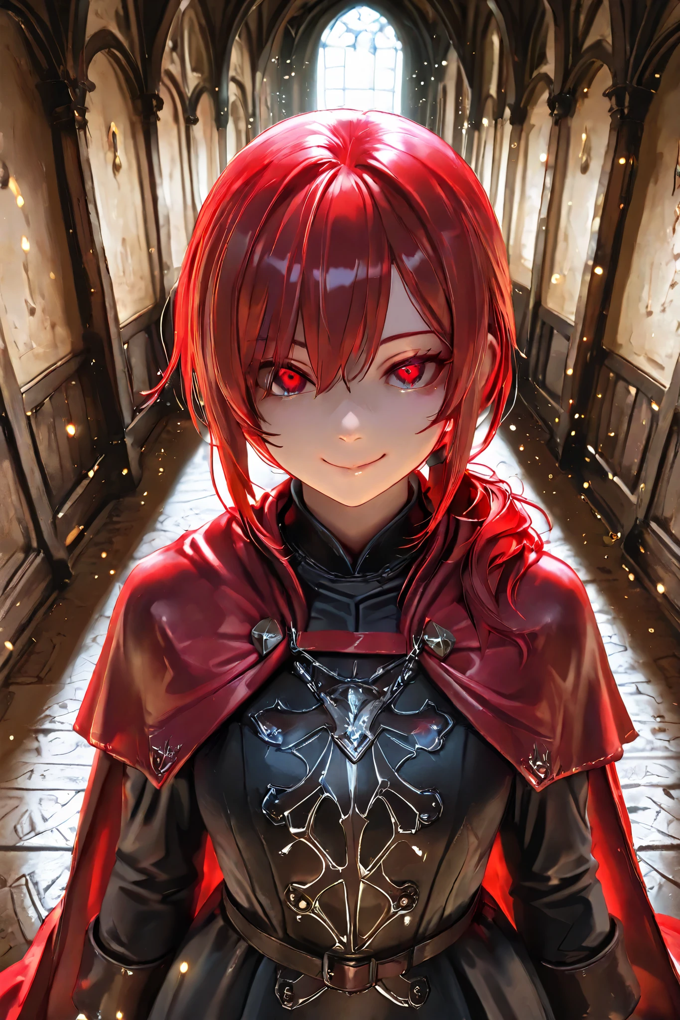 masterpiece, best quality, detailed eyes, semi realistic, 8k, girl, pure, emotionless, red low ponytail hair, red eye, fantasy hallway, black medieval luxury uniform with red accessories, nobility, little bit smile, red fluffy cape, looking down at viewer who are on floor, evil smile, shiny particles on herself left hand, very low angle shot