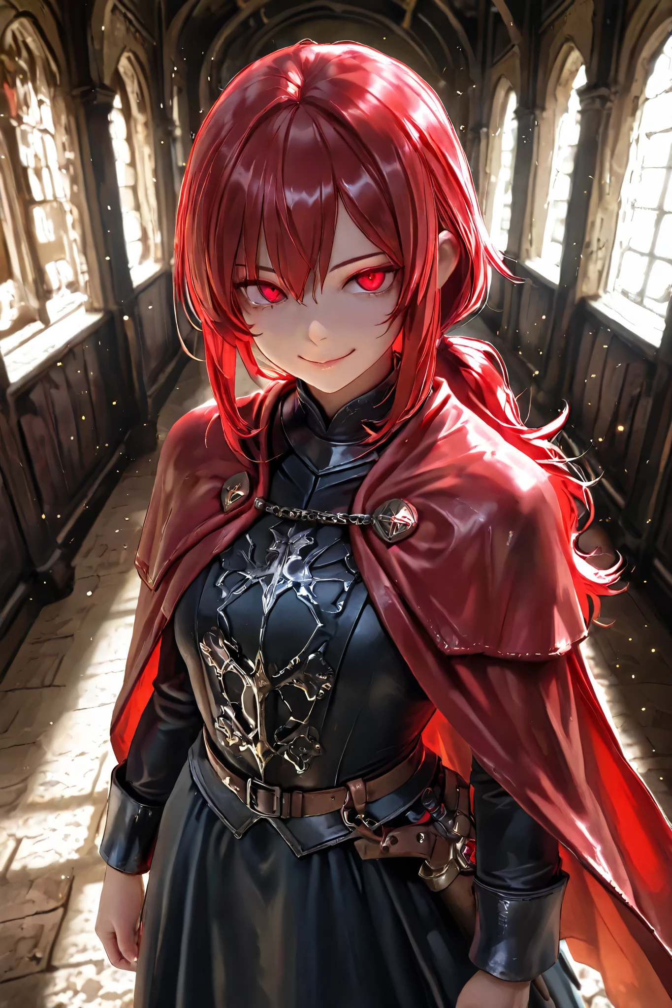masterpiece, best quality, detailed eyes, semi realistic, 8k, girl, pure, emotionless, red low ponytail hair, red eye, fantasy hallway, black medieval luxury uniform with red accessories, nobility, little bit smile, red fluffy cape, looking down at viewer, evil smile, shiny particles on herself left hand, very high angle shot