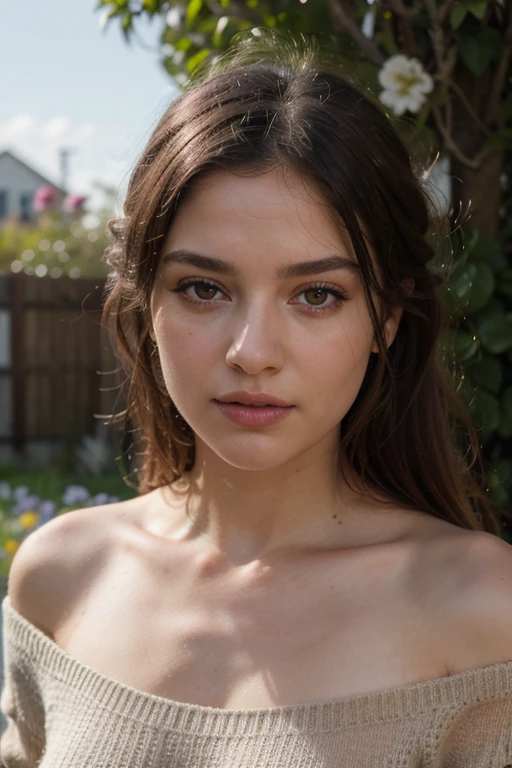 In the heart of a serene and breathtaking garden, a stunning 20-year-old girl poses with an enchanting grace. Her , size S frame is clad in a stunning, white strappy dress that is both elegant and lightweight. The dress, with its gracefully dropped shoulders, flows delicately around her, creating an ethereal effect as the wind gently caresses it. her dark brown wavy hair cascades down to her shoulder blades, framing her beautiful, youthful face.
Her eyes, beautifully adorned with nude light makeup, sparkle with life as she gazes towards the sun. The garden's vibrant foli