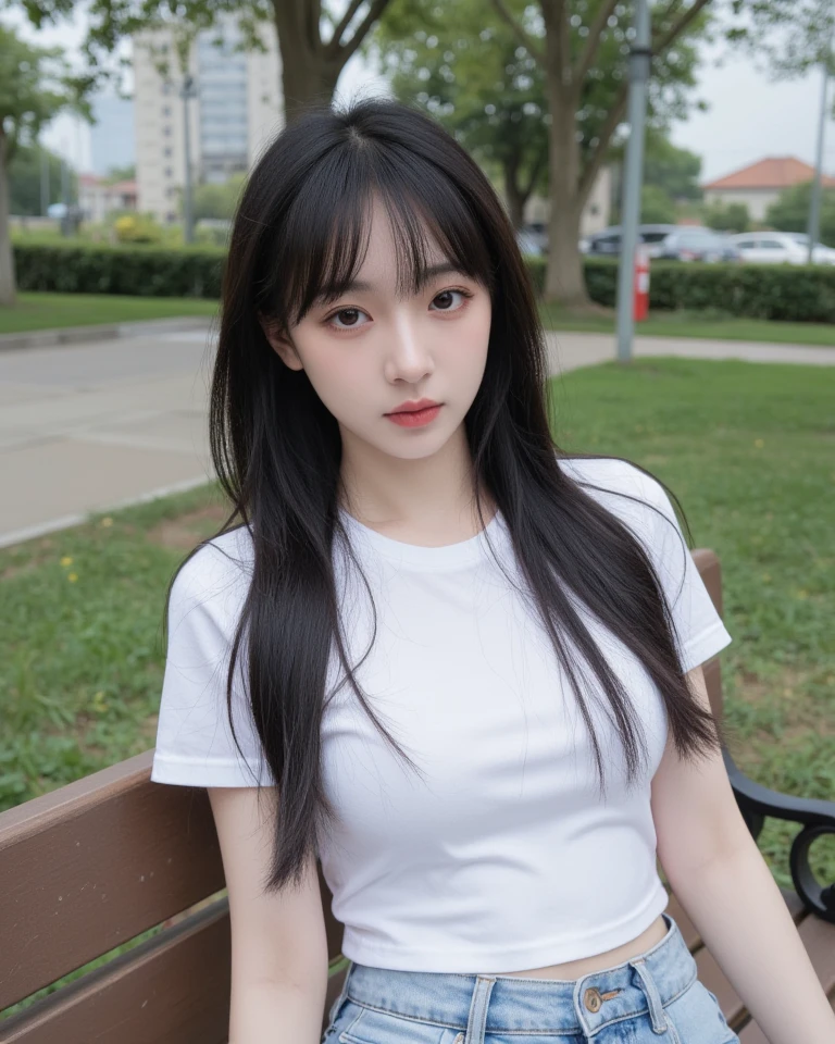 Masterpiece, high quality, high resolution, white mini skirt, T-shirt, girl 19 years old, big eyes, long black hair,