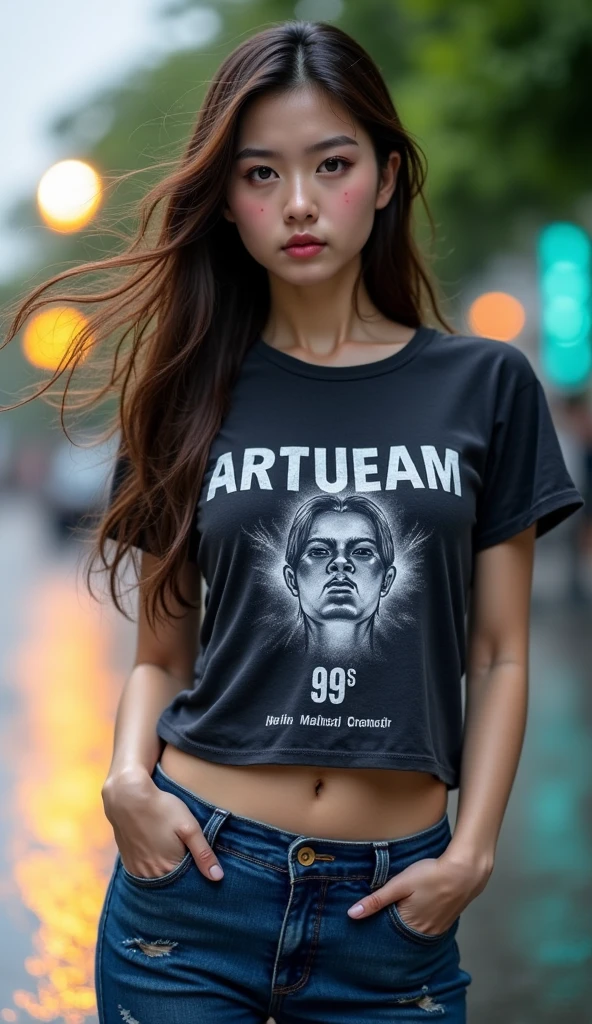 A striking, high-resolution full body image of a very Sexy beautiful and confident Latina female model, exuding elegance and style. She dons a High Quality t-Shirt showcasing her very sexy feminine body shape and feminine facial features and long, straight hair. The urban dynamic backdrop. The 8K resolution image captures the essence of fashion and self-expression, with highly realistic lighting, shadows, and a cinematic feel. The Realistic photo merges urban street style with a powerful message, creating a captivating portrait of modern fashion and self-expression. fashion, photo, cinematic, portrait photography
