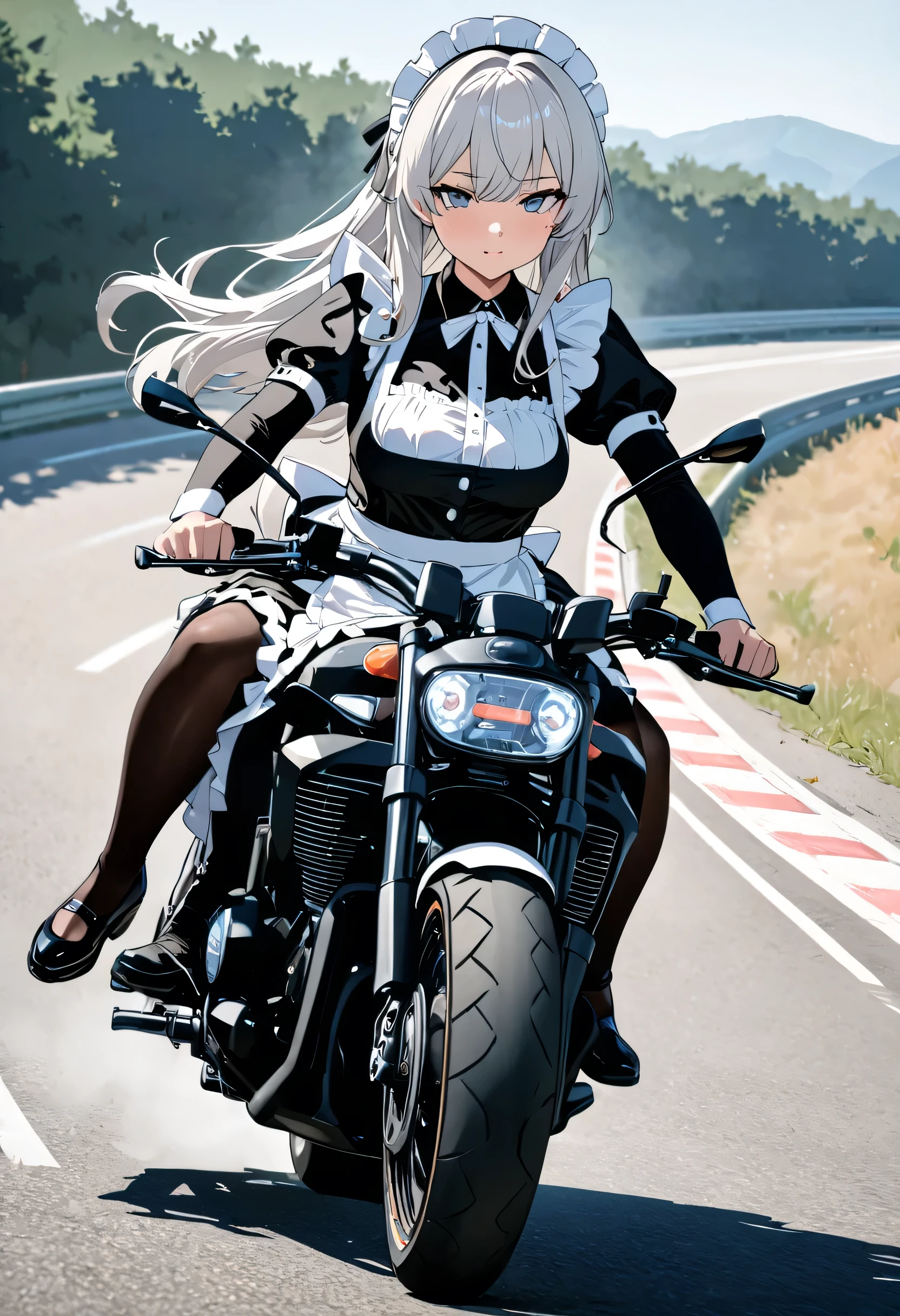(((Best quality, 8k, Masterpiece: 1.3)), ((best quality)), ((masterpiece)), (detailed), perfect face, A maid girl with long silver hair, Her thick hair flows, A maid costume with frills. , high resolution, Textured skin, anime style, A maid riding a motorcycle, a maid driving a motorcycle, A motorcycle racer leaning her body to take a corner, Knee-high stockings, Honda, CB1300, Drive on the highway