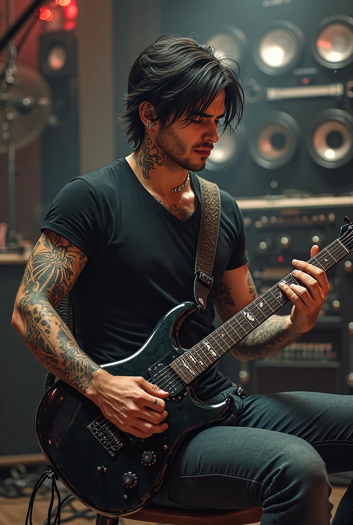 A tattooed man, sitting on a sofa, black room, guitar, speakers, a dog