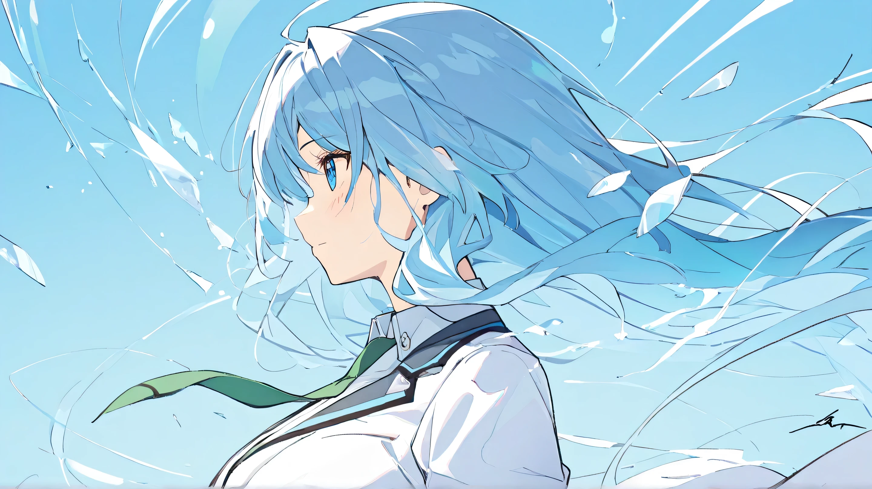 Masterpiece, Best Quality, Top Quality, Very Detailed, An anime-style character with long, flowing blue hair billowing in the wind. She wears a futuristic outfit combining white and black, along with a signature green tie. The bright blue background is filled with artistic effects like light shards and abstract lines, creating a dynamic and modern atmosphere.
