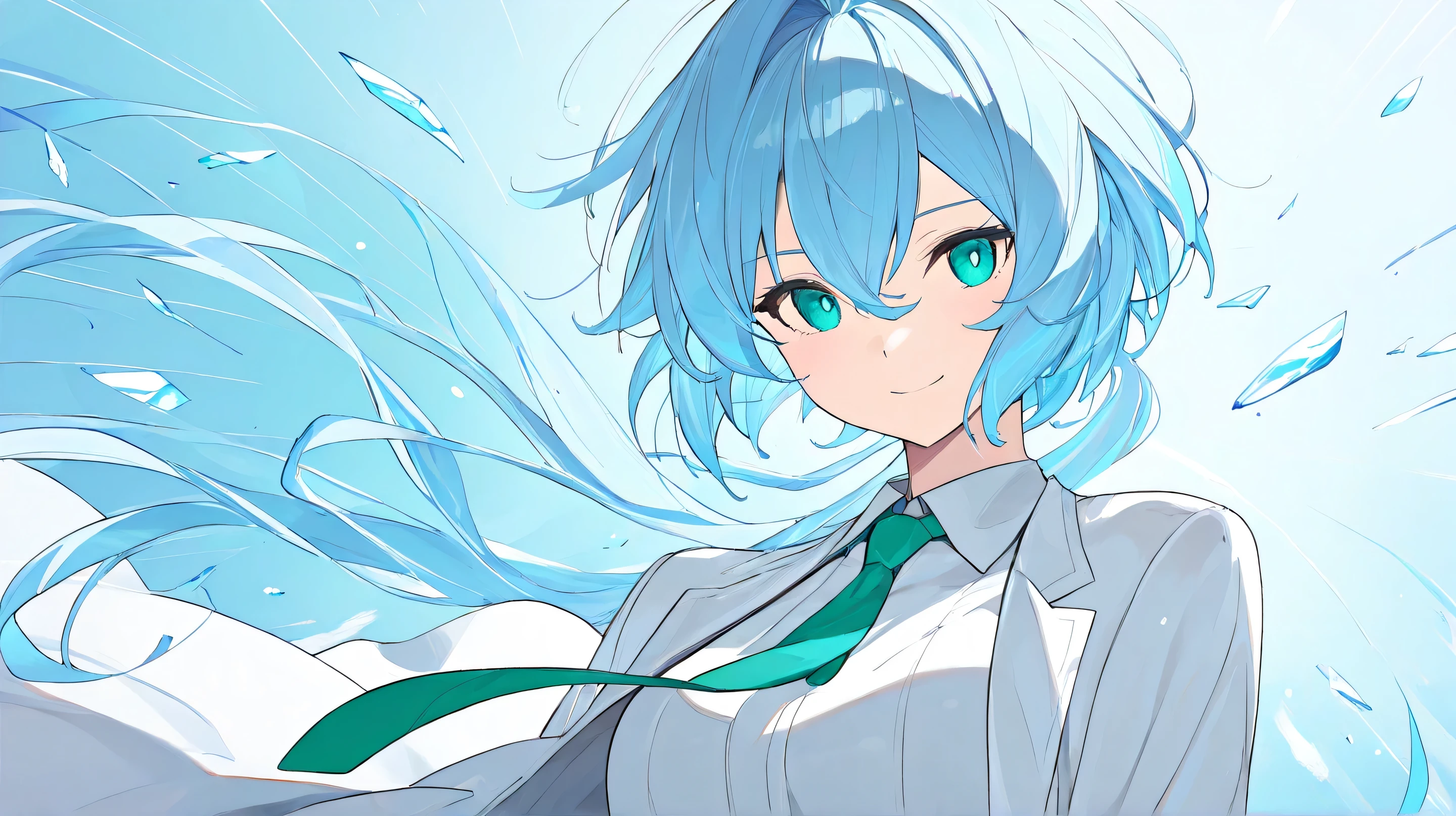 
Masterpiece, Best Quality, Top Quality, Very Detailed, An anime-style character with long, flowing blue hair billowing in the wind. She wears a futuristic outfit combining white and black, along with a signature green tie. The bright blue background is filled with artistic effects like light shards and abstract lines, creating a dynamic and modern atmosphere.