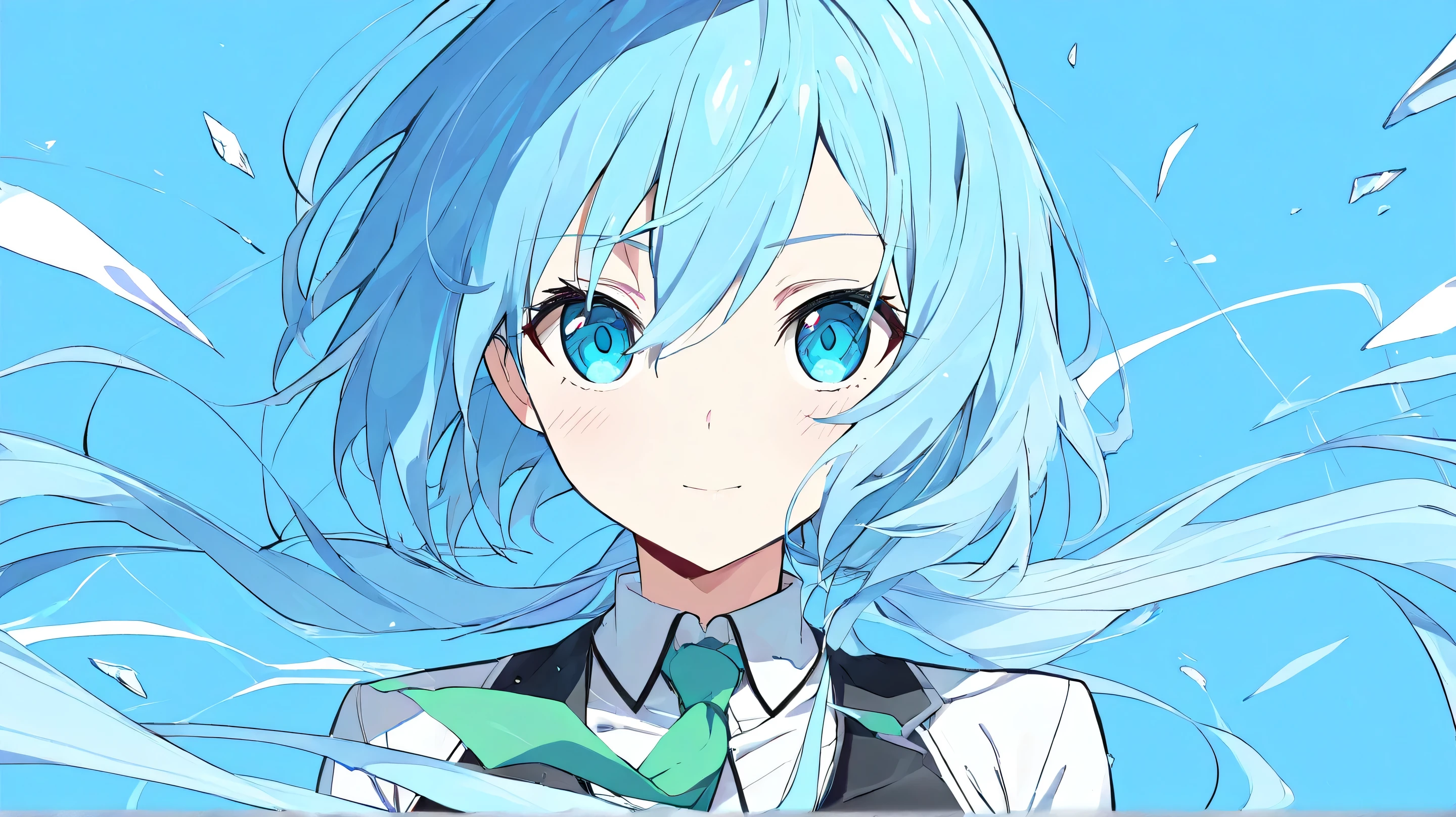 Masterpiece, Best Quality, Top Quality, Very Detailed, An anime-style character with long, flowing blue hair billowing in the wind. She wears a futuristic outfit combining white and black, along with a signature green tie. The bright blue background is filled with artistic effects like light shards and abstract lines, creating a dynamic and modern atmosphere.