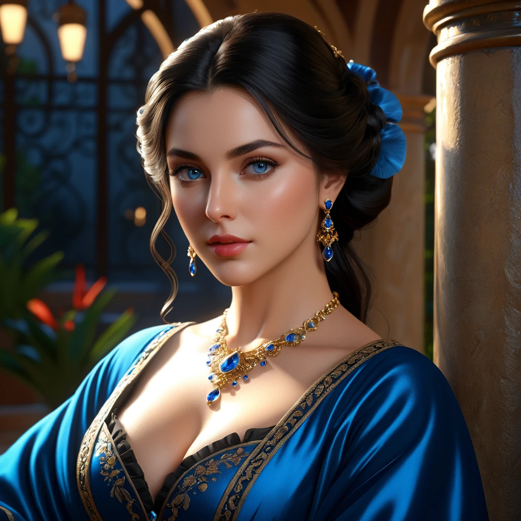 ultra realistic 8k cg, (ultra detailed background, delicate pattern, intricate detail, highly detailed, fine details), best quality, (photorealistic:1.4),beautiful lighting, absurdres, RAW photo, film grain, ((medium breasts, slim girl,  close-up, portrait)), NicoRobin, 1girl, solo, black hair, long hair, jewelry, (earrings, blue eyes), ((slim girl, medium breasts)), cleavage, smile, dress, cape, epaulettes, navel, midriff, blush, collarbone, (complex detailed background, blue sky, nature environment, close-up, portrait), boa hancock