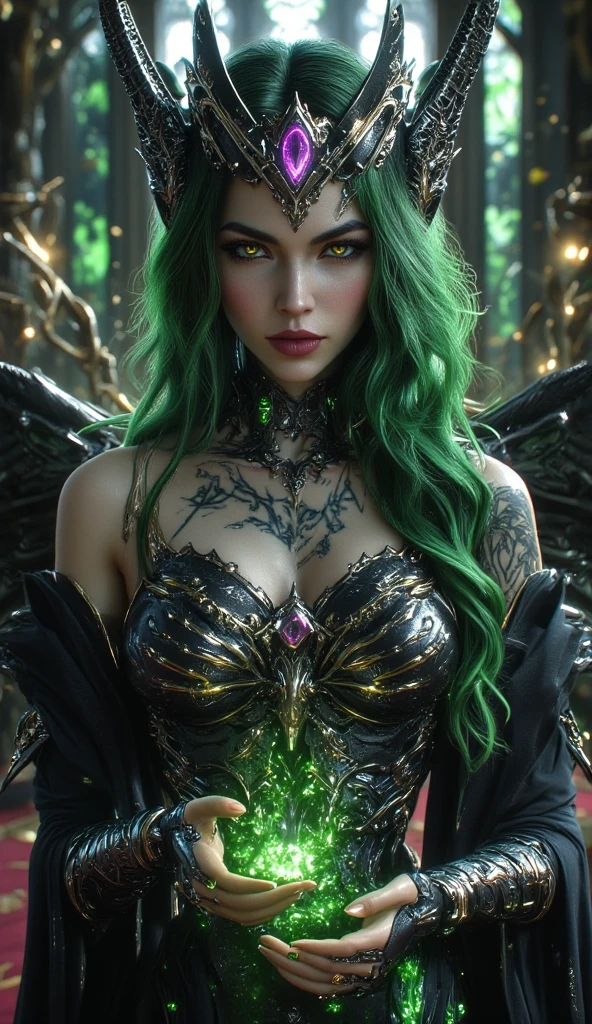 (Dramatic Professional 3D rendering:1) of (Detailed illustration:1.25),(Lustful:1.3) full body photo, <lora:HUD3:0.9>, HHUD, 4K, Masterpiece, highres, absurdres, ballgown,edgDeathKnight,a curvy woman in [gown|armor],dark green hair, wearing edgDeathKnight armor, green and black skull print,<lyco:DeathKnightBallGown:0.75>, black castle background,(by Artist Leonid Afremov:1.1),(by Artist Paul Lehr:1.4),CGSociety,ArtStation,(Colorful:1.3),(close portrait:1.3),(Feminine:1.4),(beautiful:1.4),(attractive:1.3),handsome,calendar pose,perfectly detailed eyes,studio lighting,thematic background
