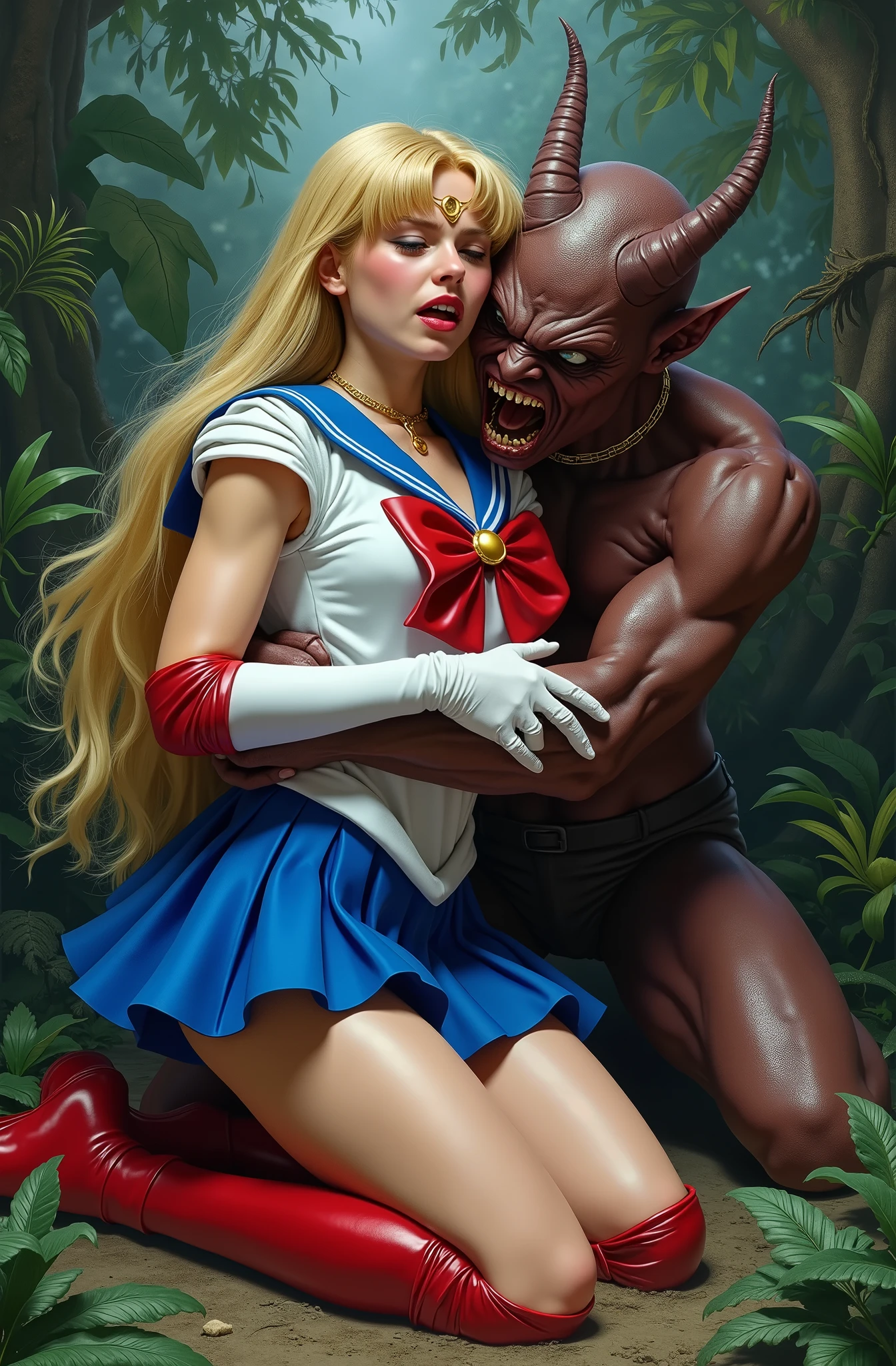 Hyperrealism, masterpiece, highest quality, A young Japanese woman is sitting on the devil lap, ((she is crying and screaming in pain)), painful face, she is wearing a Sailor Moon costume, Blue sailor collar, Blue mini pleated skirt, she is wearing pleated skirt, blue pleated skirt, Long white gloves, shiny beige color pantyhose, red high boots, Exposed thighs, red long boots, big choker, long blonde Hair, a devil is kneeling sexual assault her, the devil is hugging her and touching her crotch, the girl push his hand out, in the jungle,
