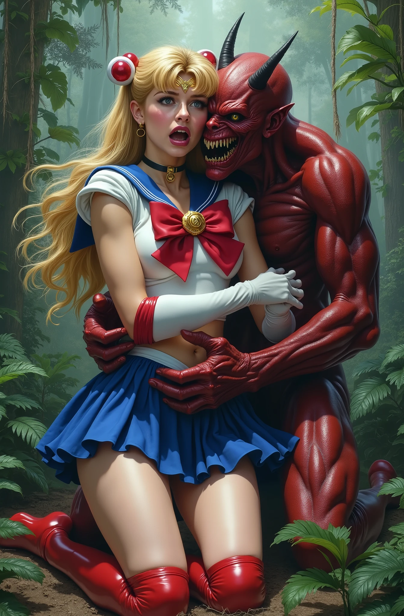 Hyperrealism, masterpiece, highest quality, A young Japanese woman is sitting on the devil lap, ((she is crying and screaming in pain)), painful face, she is wearing a Sailor Moon costume, Blue sailor collar, Blue mini pleated skirt, she is wearing pleated skirt, blue pleated skirt, Long white gloves, shiny beige color pantyhose, red high boots, Exposed thighs, red long boots, big choker, long blonde Hair, a devil is kneeling sexual assault her, the devil is hugging her and touching her crotch, the girl push his hand out, in the jungle,