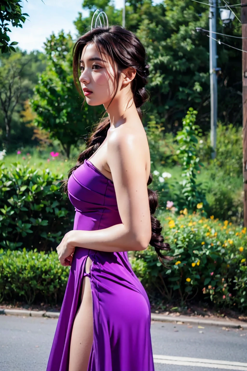photorealistic:1.2,beautiful dark elf woman with pale skin, white hair and purple glowing eyes,skin-tight clothing,facing the viewer, cameltoe, sitting with legs spread, longing gazing hungry sexy facial expression, arms behind back, hands not visible
