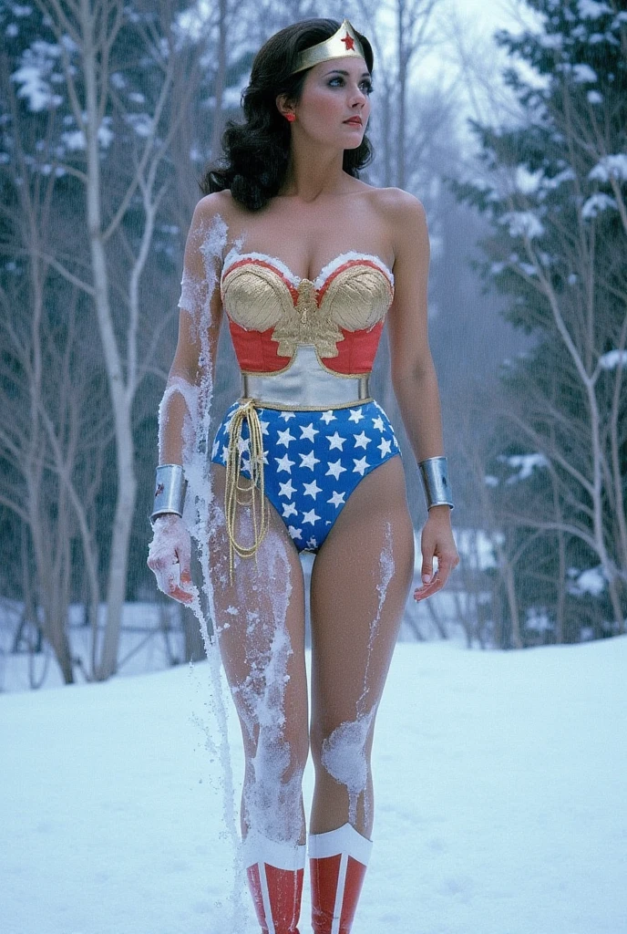 stunning bombshell snow white wonder woman, white skin, statuesque, full body