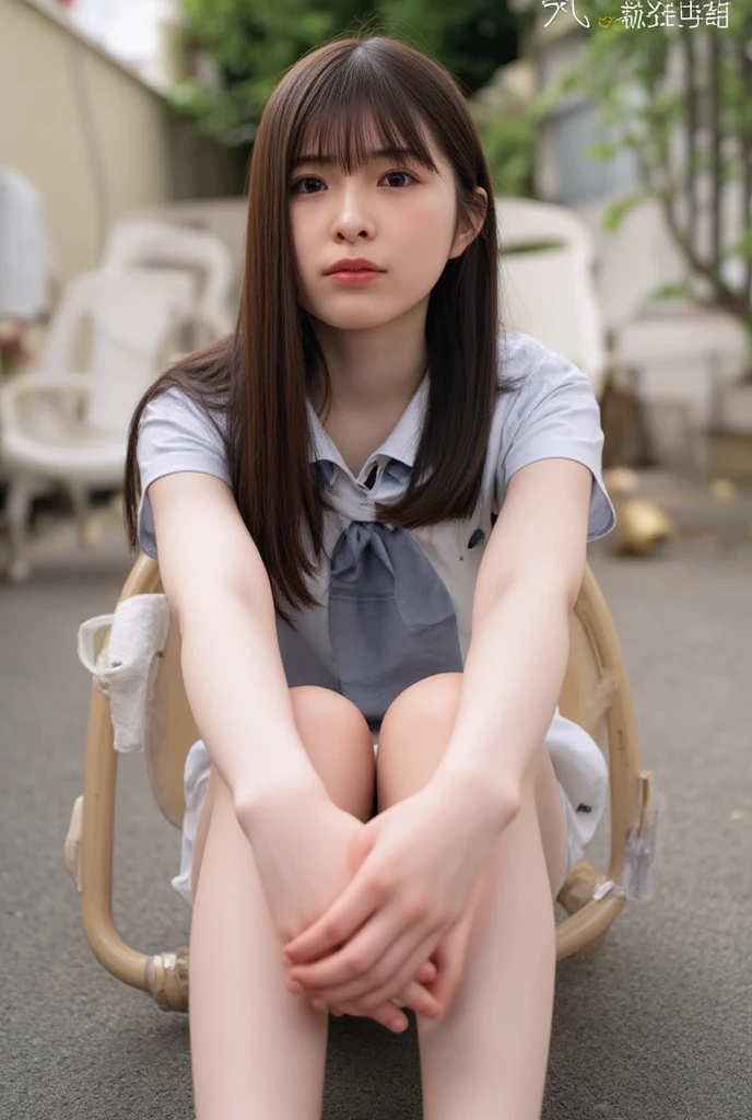 alone、high school girl、Natural body shape、White skin、Natural Makeup、Black Hair、bangs、Straight Long Hair、((High School Uniform))(((White blouse、navy pleated skirt、Micro Mini Skirt)))、(((Big Breasts)))、、School classroom、(turn around and look at the camera)、Full body photo、Head-to-toe portrait、Exposing your thighs、Dark blue socks、Black Loafers、Backwards、Focus on the butt、((Pure white panties))、Stick your butt out、((Are standing))、(((forward leaning posture)))、Dark blue socks、Black Loafers、((Place your hands on your knees))
