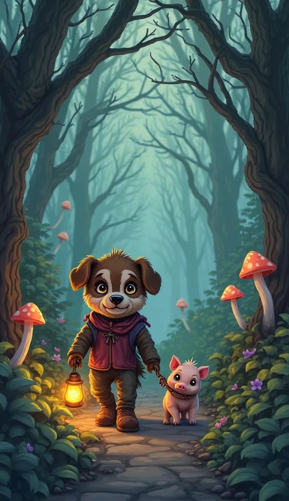 A scruffy anthropomorphic puppy leading a nervous piglet clinging to his tail, walking down a winding forest path lined with gnarled trees and glowing mushrooms, lantern casting a faint golden glow, semi-cartoon semi-realistic style, misty air, rich greens and purples, detailed bark and fur, mysterious atmosphere