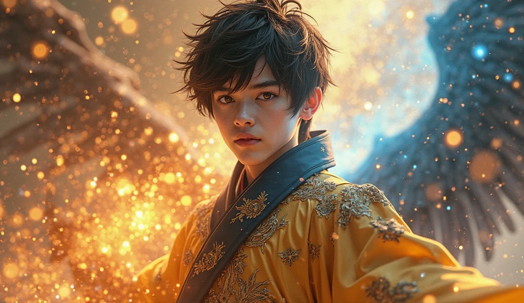 Representation of the sign of Aries with a very ethereal young man, very youthful and soft features, red eyes and small horns, CHALLENGING GAZE, ancient oriental style clothing, passing through a scenario of sun and fire but very beautiful and ethereal