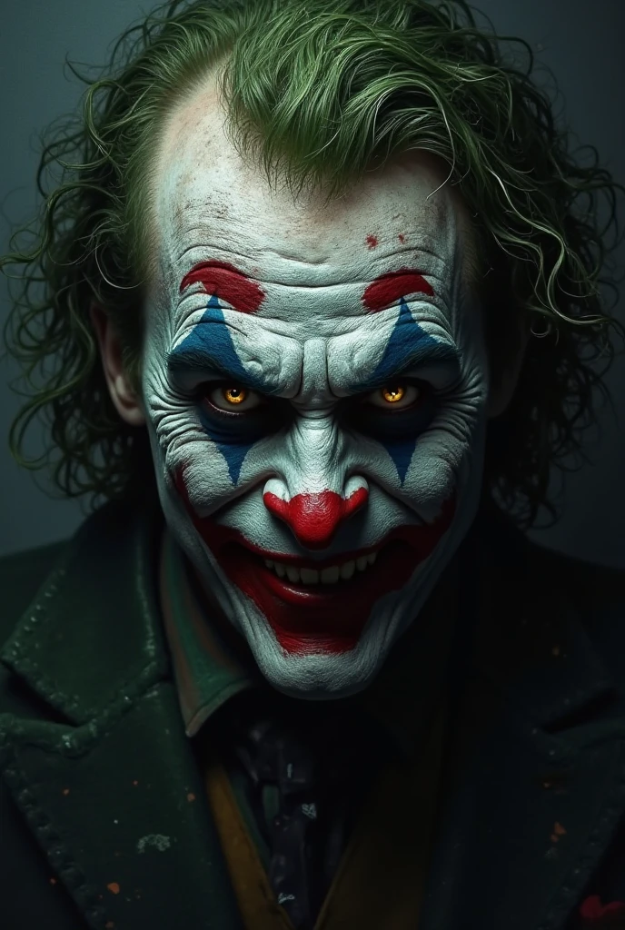 The Joker's face in an image seen against a black background with the facial features of actor Heath Ledger, focusing on his intense gaze with penetrating brown eyes, prominent pale and thin cheekbones, with a light and macabre smile, as if planning his Next movement, the general senario is dark and menacing in the streets of Gotham with fire on a rainy night, with subtle touches of gradient shadows on the face, enhancing the sinister atmosphere.