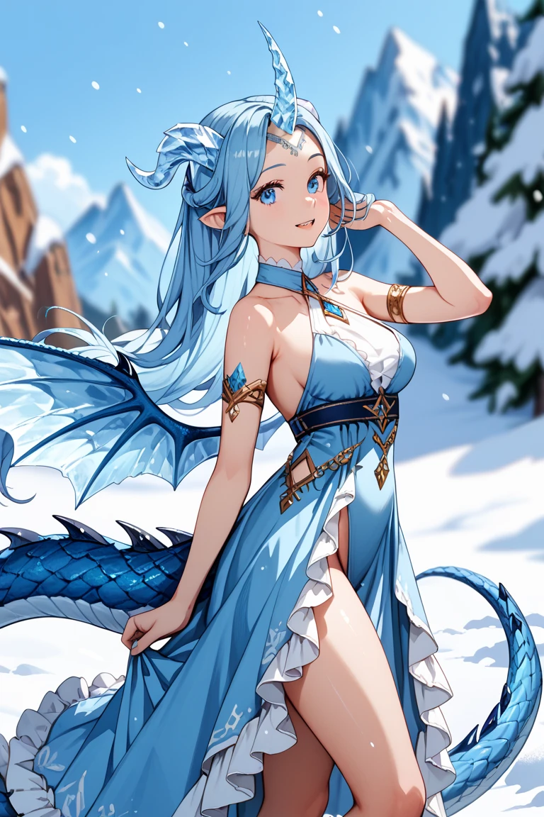A very kind girl. She has light brown hair, icy blue eyes, she is wearing white blue and brown Japanese clothing, she is an icy dragon. She is the dragon of ice, she is wearing lots of jewelry. Necklaces, breaches, waist beads, hip beads, crowns, head necklace. Her skin is like snow, she is paper white, she has elf ears. She controls the ice and snow ruthlessly. Her skin has blue in it and kinda looks like she’s always freezing. Her eyes glow a hue of blue, and literally glow. She has tattoos and markings on her body that glow as well. Her hair has streaks of white and blue in it. So has so so so much jewelry on, she has cabins and gems on her ears, her hands also have chains on them, her waist has no much jewelry’s on it too.