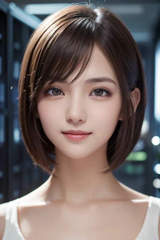 ( full body:1) Young girl, Smart Casual, HACKER'S SERVER ROOM, detailed face, (( cool expression)), ( Straight Short Thin Fringe Hair:1.2), super detailed pictures, ( photorealistic), ( intricate detail:1),(Masterpiece :1), ( best quality :1), 超 high resolution , ( detailed eyes), ( fine facial features ), high resolution, 8k resolution, ( lens flare:0.5), Light from afar, (smile, joy)