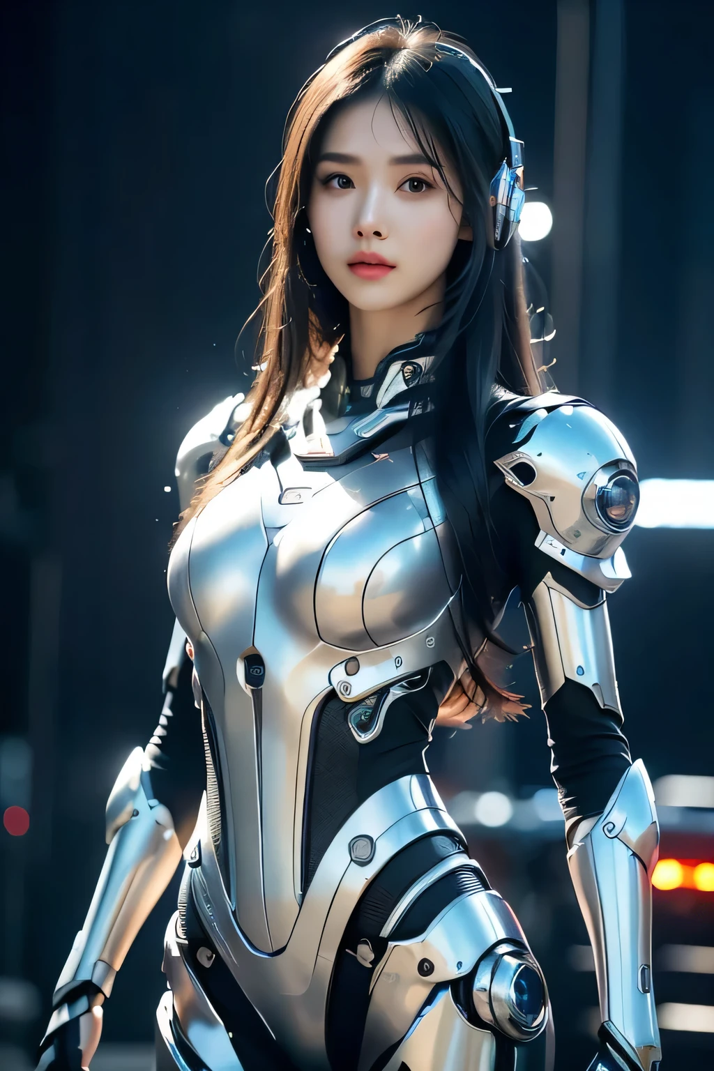 full body、 1 girl、 very beautiful face、 balanced face 、((Super cute))、Model-like beauty、 dark hair、 long hair、 White Skin、( Slim Body )、 girl attitude 、 small 、Metal Parts 、 machine with high density details、 exquisite details 、 Sci-fi atmosphere、 cyberpunk 、 futuristic city background 、((Real photo quality :1.5))、( Super Quality :1.3)、 masterpiece、( HD)、HDR、 8,000、 hyperrealistic 、Stylish lens material 、 、Diffuse lighting、 Professional lighting、Headlight lighting 、 depth of field、 sharp focus