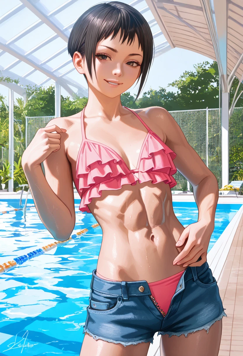 (high detailed), (Best Illustration), (Beautiful detailed eyes), (Beautiful detailed face), (top-quality), (ultra-detailed), (masterpiece), short hair, (1girl), (skinny thigh), (micro bikini:1.2), (tiny micro bikini:1.2), (sideboob), (underboob), (Sweat), (Shiny skin), (standing:1.0), Cameltoe, (large breasts), (pool side), (skinny thigh), (slim waist), (Miniature Microbikini), (smile), (condom belt:1.2), (condom in mouth:1.2), (lowleg), (low leg), (armpits), (arms behind head), (clit slit)