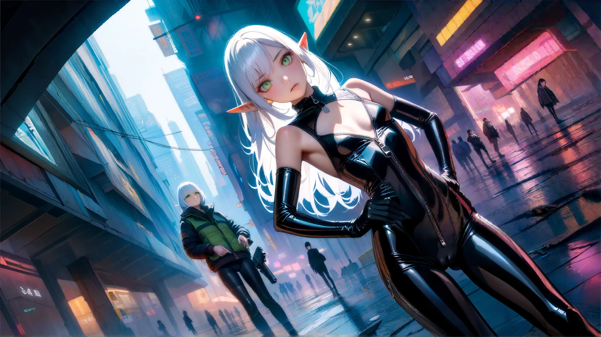 High-key and low-variance brightness levels,Soft Light,Realistic light and shadow,Light and dark intertwined,(Target your audience:1.4),Looking at the audience,dramaticangle,(Solitary:1.6),
(masterpiece),(best quality),(high resolution),(By famous artists),(((Official Art))),(author:Paul Hedley),(illustration),
1 Girl,(freeze),(Elf),Agent Female,
(Medium breasts:1.3),(Camel toe),(whole body),(Round Face),(Pointed ears),(Slender legs),(Thin body),(Detailed beautiful face),Glowing skin,Glowing skin,(Jointed fingers),Umbilical cord,Stomach
(Black latex bodysuit:1.4),(zipper,Central opening, Unzip,cleveage:1.3),Long sleeve,Gloves,Leather pants,Leather Boots,
indoor,(Cyberpunk City,Kowloon,rain),(Against the wall),
((Poker face)),blush,((permanent)),pistol,(持pistol :1.4),Hands on Hips,
(Green Eyes:1.3),
(White hair),Long hair,Double tail,partedbangs,(Reflective hair),(individual)