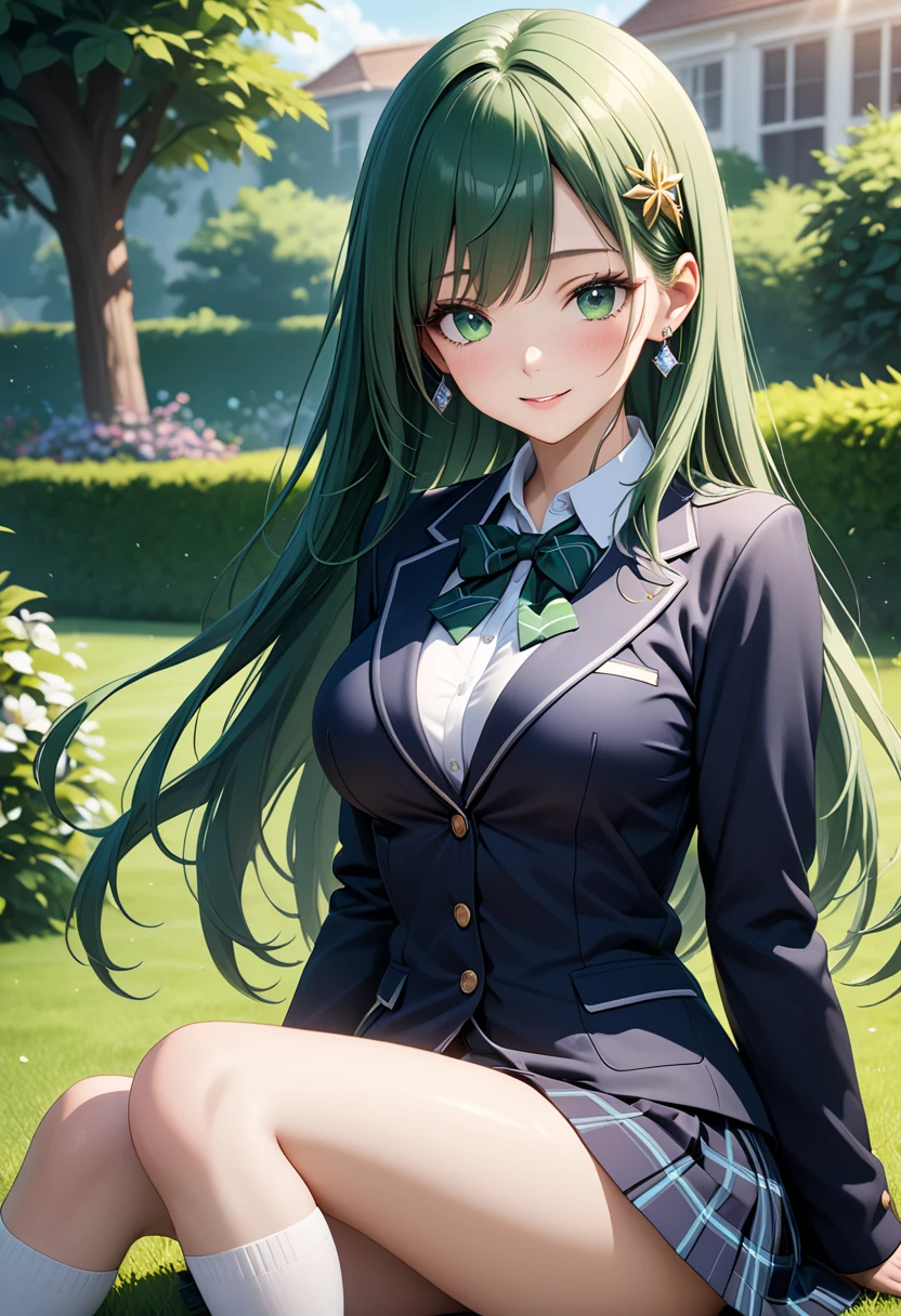 Extremely beautiful girl, green hair, long hair, bright green eyes, Green high school girl uniform, huge breasts, Sitting on a bench in a park, good quality, masterpiece