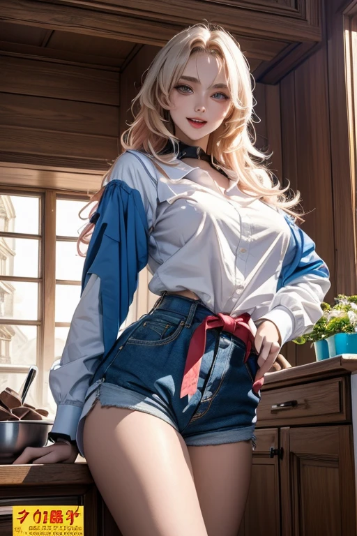 anime girl in a blue top and black shorts posing in a kitchen, seductive anime girl, photorealistic anime girl render, beautiful alluring anime woman, artoria pendragon, konosuba anime style, female anime character, aqua from konosuba, attractive anime girl, konosuba, granblue fantasy, alchemist girl, rin, anime best girl