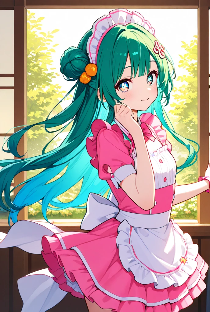  idol,symbol type pupils,  adult, colorful hair color,  long hair, hair bun, maid headdress, hair ornaments close to the garden, pink maid outfit, miniskirt、 dance、full body,