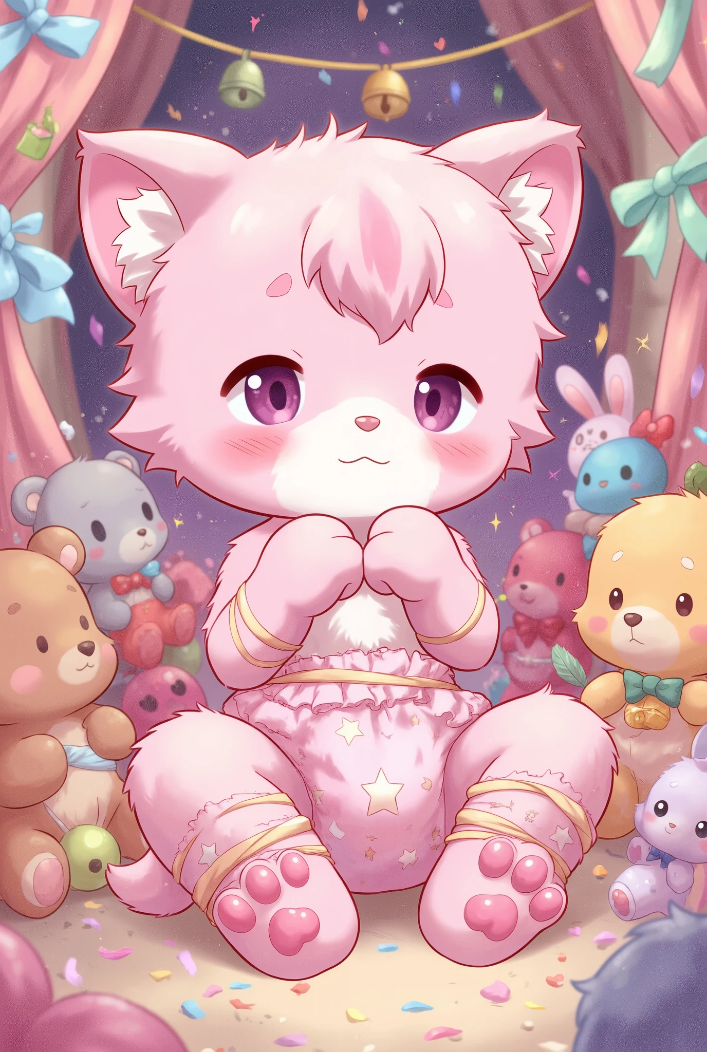 "A cute 2D manga-style cover illustration, featuring an anthropomorphic pink kitten character (Inin) with soft fluffy fur and pink paw pads, bound gently with pastel satin ribbons around her arms and legs, surrounded closely by colorful plush toys (bears, rabbits, cats) holding satin ribbons and feathers. She wears a magical fluffy pink cotton candy-like diaper with star patterns, no fabric texture, emphasizing its softness. Her expression is puzzled and dreamy, slightly entranced. The background is a whimsical, dreamy plush dungeon filled with pastel-colored ribbons, bells, and soft textures. The overall style is light, playful, and sweet, with a gentle adult manga vibe, avoiding dark or eerie tones."