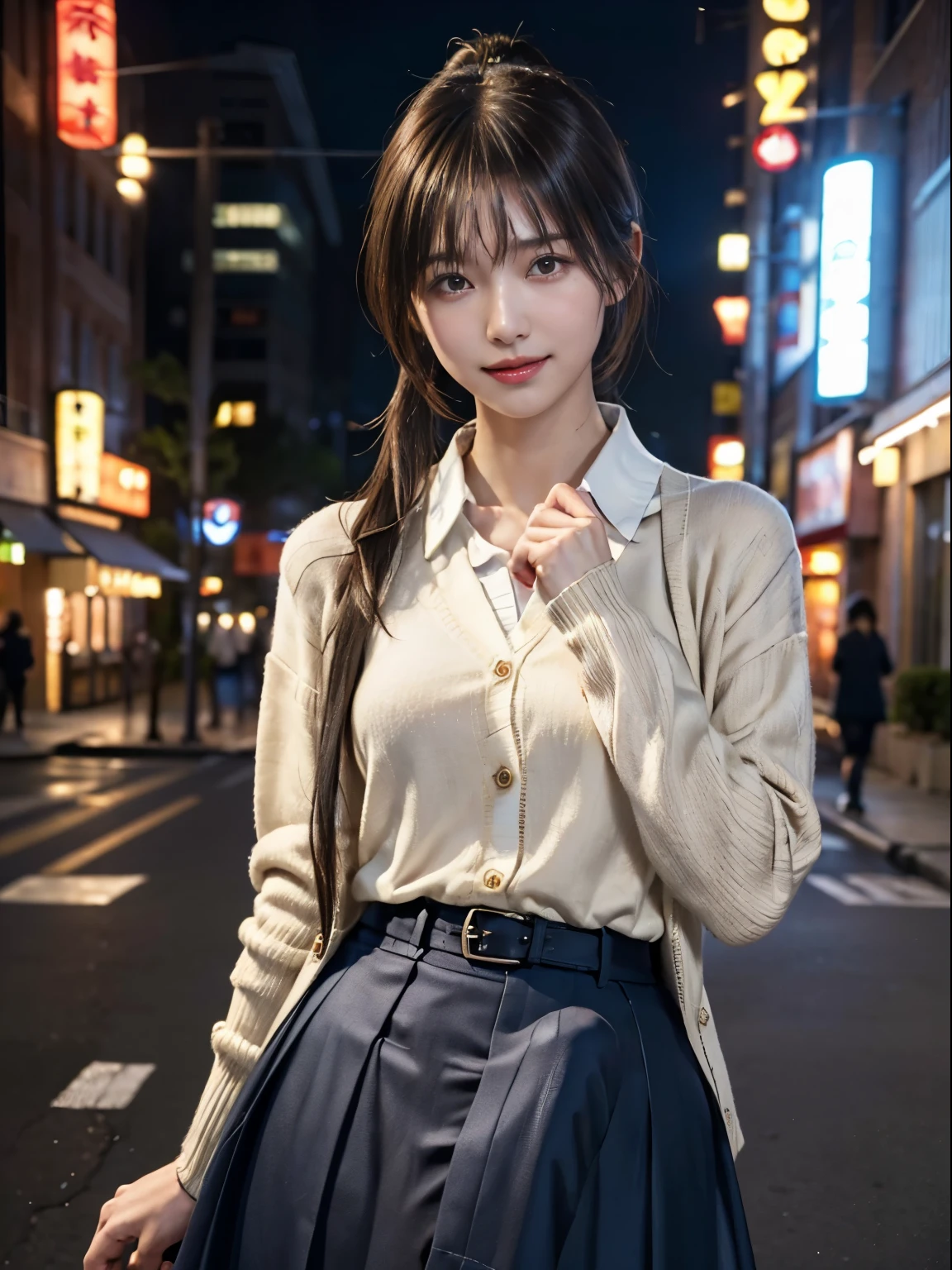 one girl,(employment.repair:1.4)、( collar shirt:1.4), ( cardigan:1.3),(I love long skirts:1.3)、(RAW photo, Highest quality), (realistic, photorealistic:1.4), (tousled hair, asymmetrical bang , dark brown hair,ponytail:1.3),smile、 very delicate and beautiful, very well detailed, 8k Wallpaper, wonderful, exhaustive, very well detailedなCG Unity, high definition, Soft light, beautifully detailed 19 year old girl, very well detailedな目と顔, beautiful detailsまでこだわった鼻, beautiful details ,Cinema Lighting, night view,perfect anatomy,slender body, Erection under clothes, flat chest