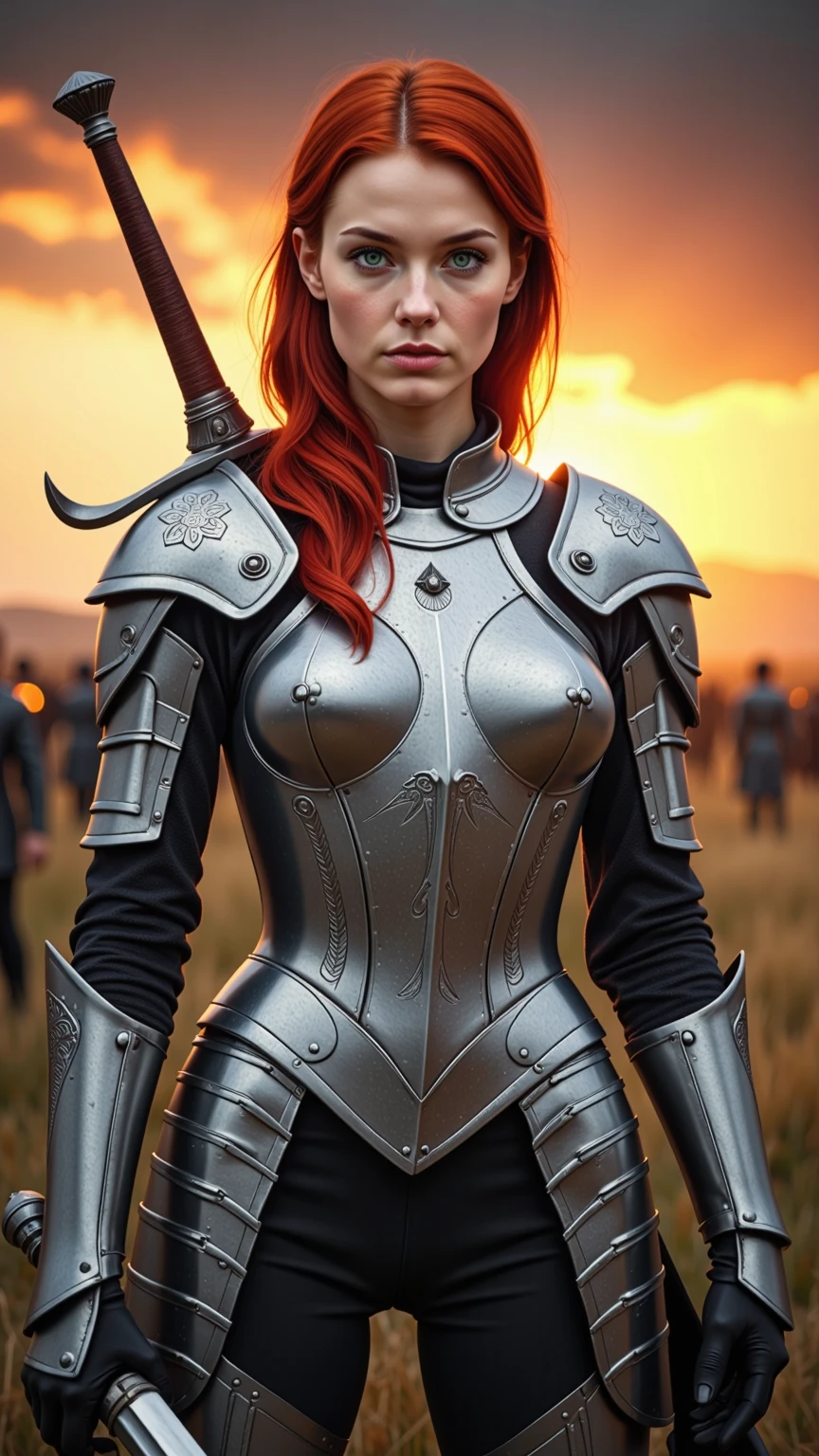8K,超A high resolution,((Top image quality)), ((​masterpiece)), (high-detail:1.3), Joan of Arc,Blue eyes,Red-haired shorthair,Woman in Black Armor、large full breasts,Meticulous in the details of the decoration of the chest armor、Beautiful expression,enticing,A sexy,Scenes of armor damage during the war