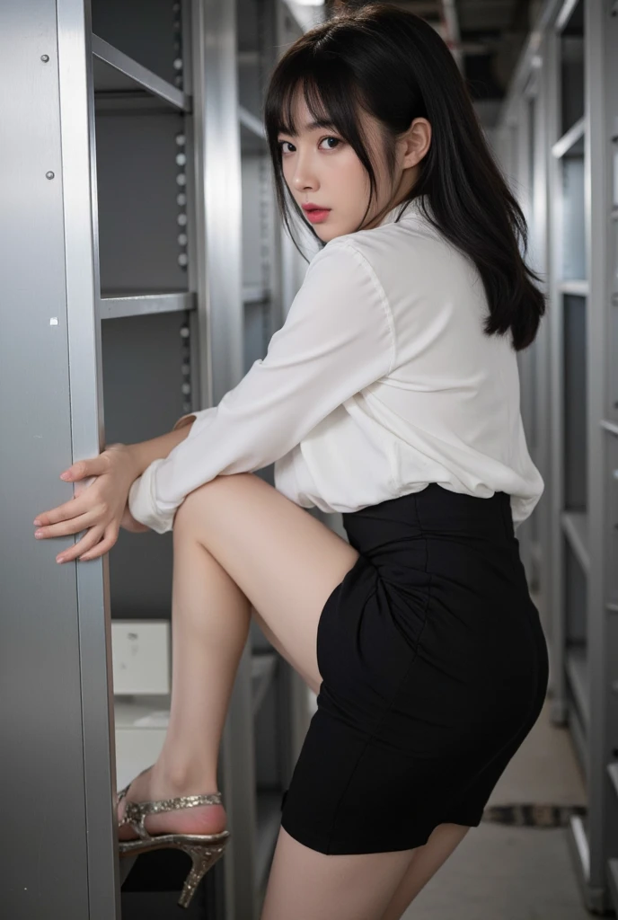 highest quality、8k、Professional Lighting、Beautiful woman、Gravure idol pose、Precision Hair、Beautiful and delicate skin、Shiny skin、No makeup、Slender、Fair skin、Large Breasts、ponytail、I'm in the office、Woman in a suit、She is wearing a super mini black tight skirt、Bare legs、Turn around、Leaning forward、Shooting from directly below、White panties are visible:1.6