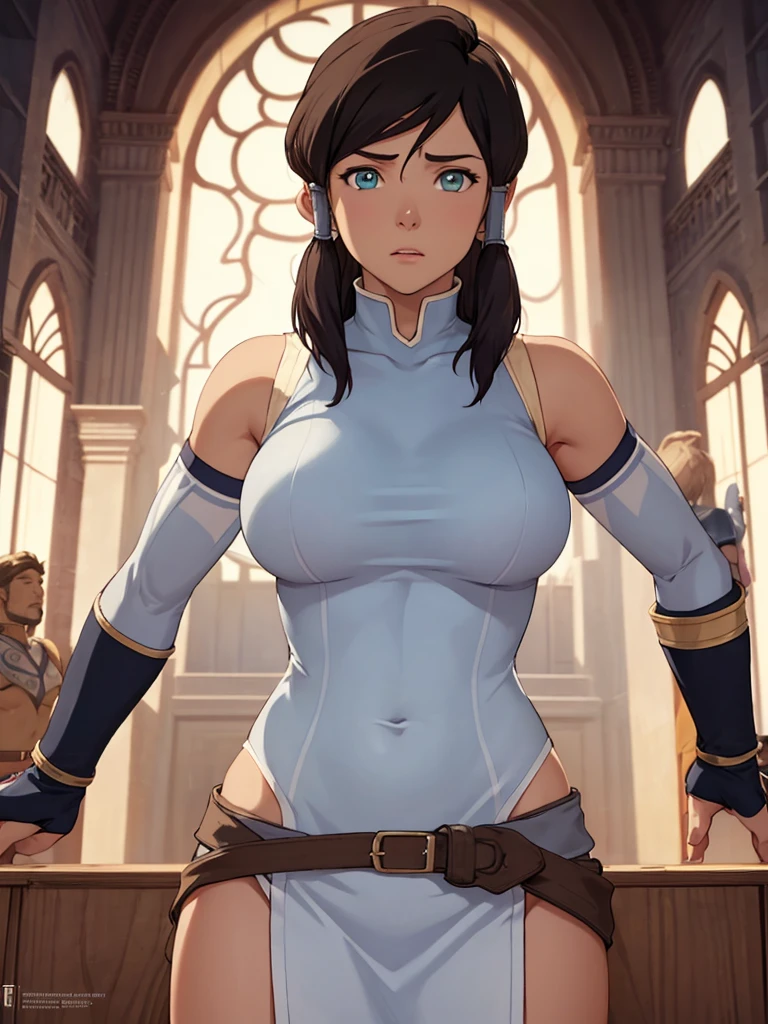 Avatar Korra with super massive tits, masterpiece, 16K ultra HD, highly detailed, norther water tribe ice palace background, alaska at night background,