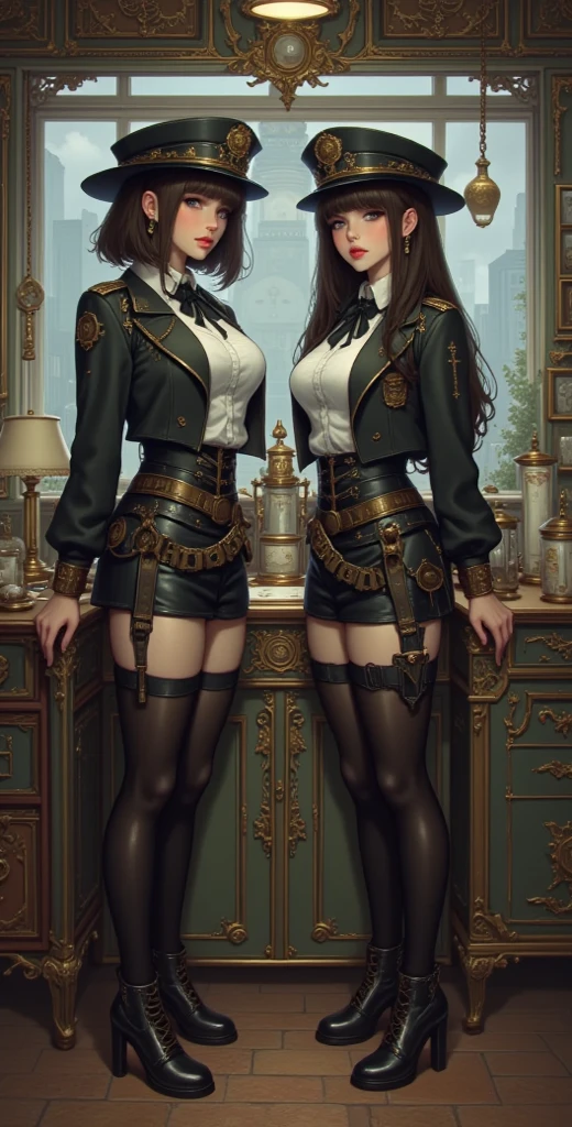 Steampunk, steampunk, smiling woman in a small bookstore, necklaces, earrings, bracelets, chains, shirts, vests, belts