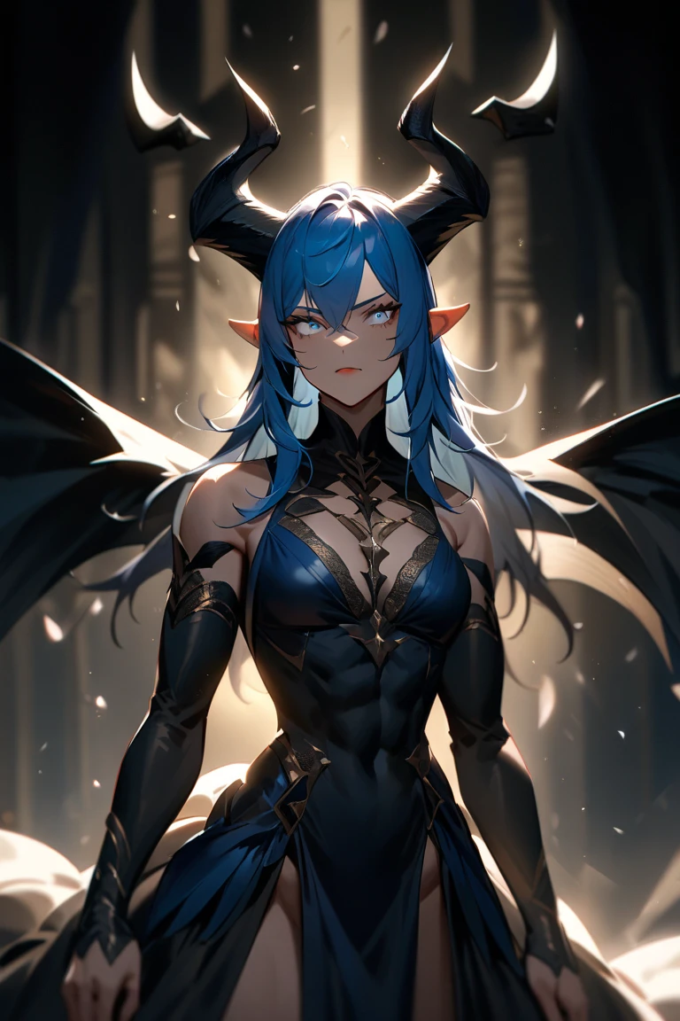 photo(portrait, from the front, close up, facing camera) of a woman(solo, succubus, long wavy hair, dark blue hair, light blue skin, androgynous face, yellow eyes, thin lips, four silver horns, Inhuman, Irresistible, Menacing, Violent), hentai game, anime, best quality, masterpiece, maximum detail, high resolution