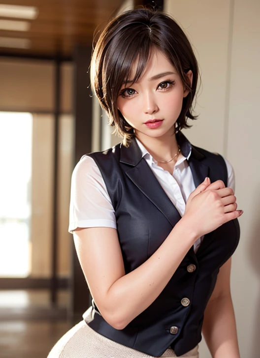 A long, narrow skirt with ankle-length slits、Her bare legs peek out from the slit、Sleeveless shirt、One girl、Bob Hair、Brown Hair、Medium breast、Beautiful well-formed face、Anatomically correct limbs、Anatomically correct fingerasterpiece:1.3、Highest quality、Raw photo、New York Underground、Walking、