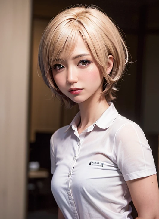(Highest quality、4K、8k、High resolution、masterpiece:1.2)、Very detailed、(Genuine、Realistic、Realistic:1.3)、blonde、Pixie Cut、High neck shirt、Full body photo