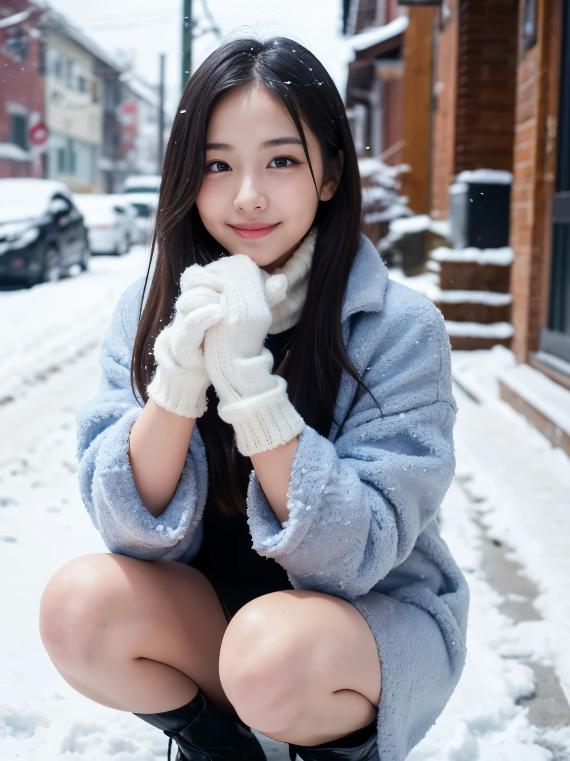 The lovely and brightly smiling girl wearing white socks and winter clothes