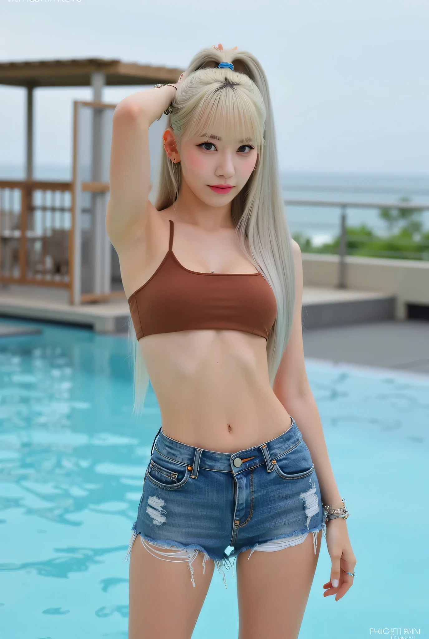 TOP QUALITY, 8k, masterpiece, Ultra High Definition, (Photorealistic: 1.4), RAW photo, 1 girls on the left, ( long platinum blonde hair with bangs ), 1 girls on the left, , slim abs: 1.1, ((standing by the pool leaning forward + chest)), (((Cocoa brown bikini top, Damaged Micro Denim Shorts))), beach, girls on the left, arms raised (( in , full body, standing, beautiful breasts, Nipples, very detailed face, full body Visible)), full body, very detailed lips, detailed eyes, double eyelid in office, Slender Woman