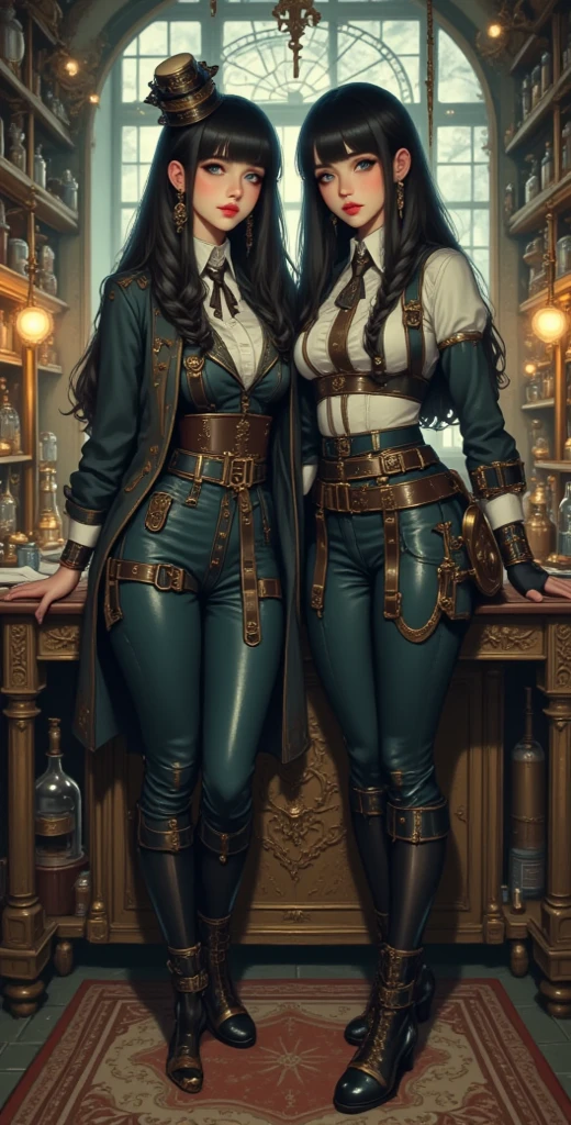 two gorgeous women, clockwork corset, steampunk, long golden hair, long black hair, leather pants, belts and straps, pouches and vials, chains, standing in a clockwork workshop, lesbian, fondling, lewd